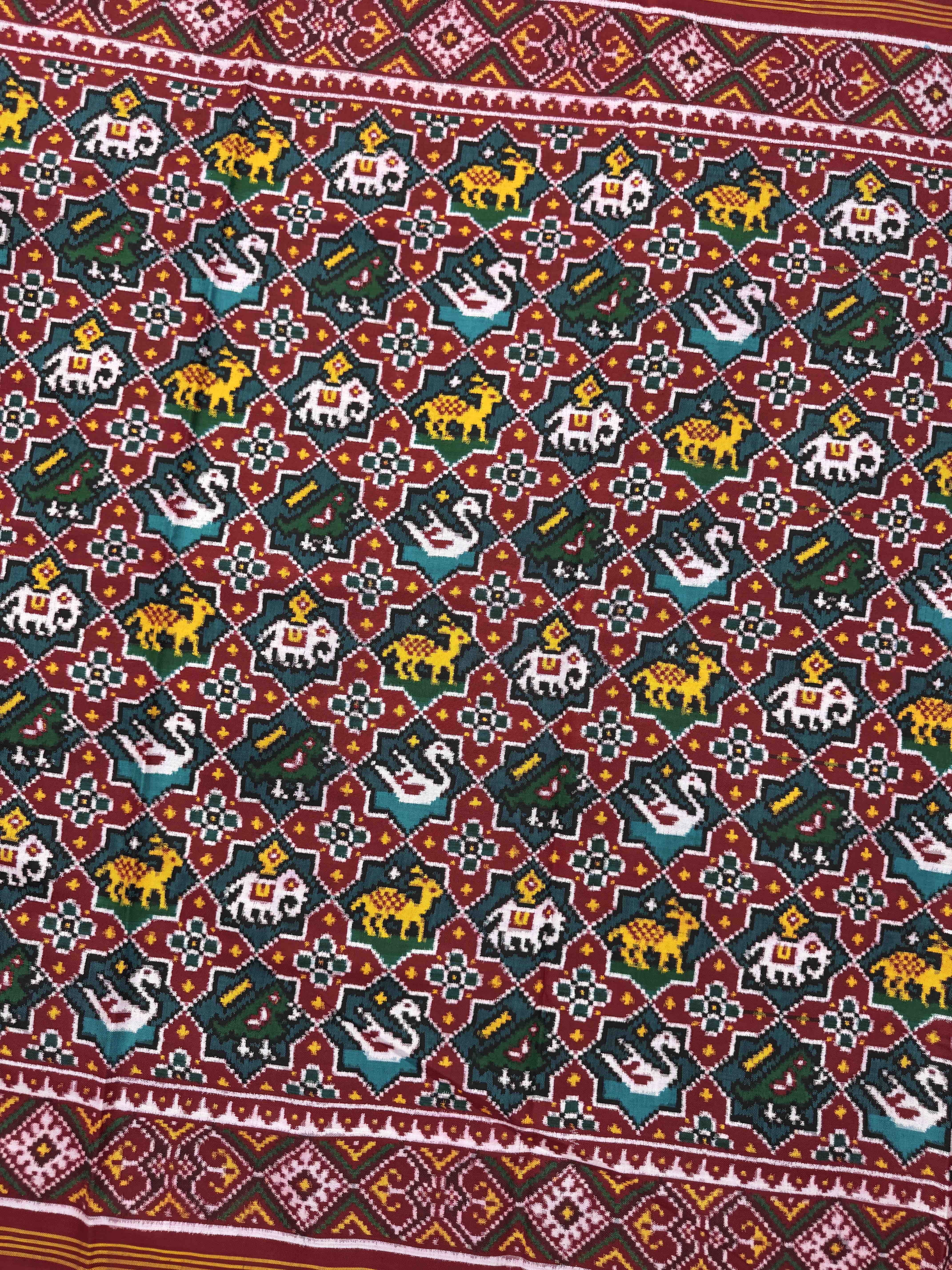 Red & Turquoise Small Star Narikunj Double Ikat Patan Patola Saree