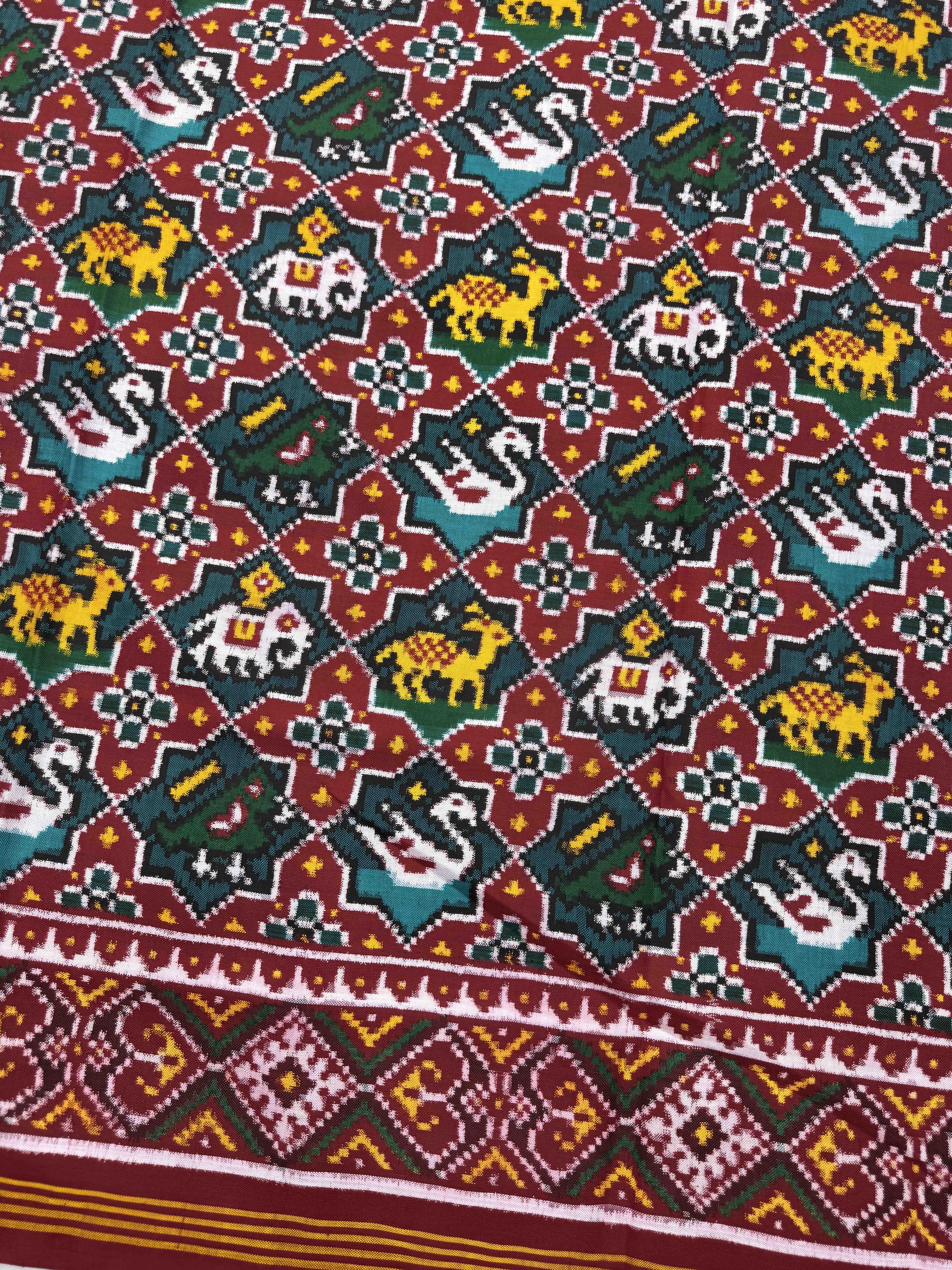 Red & Turquoise Small Star Narikunj Double Ikat Patan Patola Saree