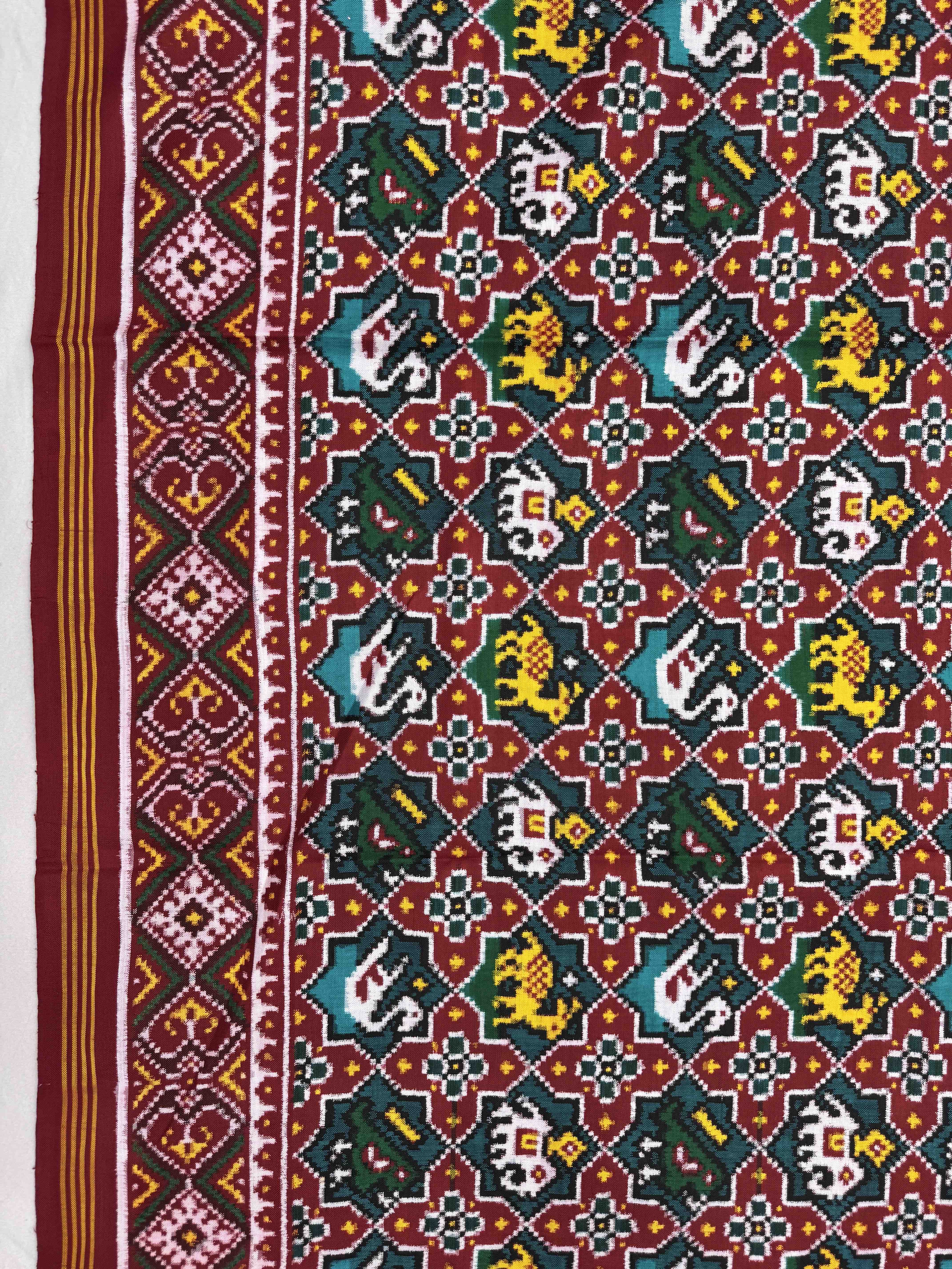 Red & Turquoise Small Star Narikunj Double Ikat Patan Patola Saree