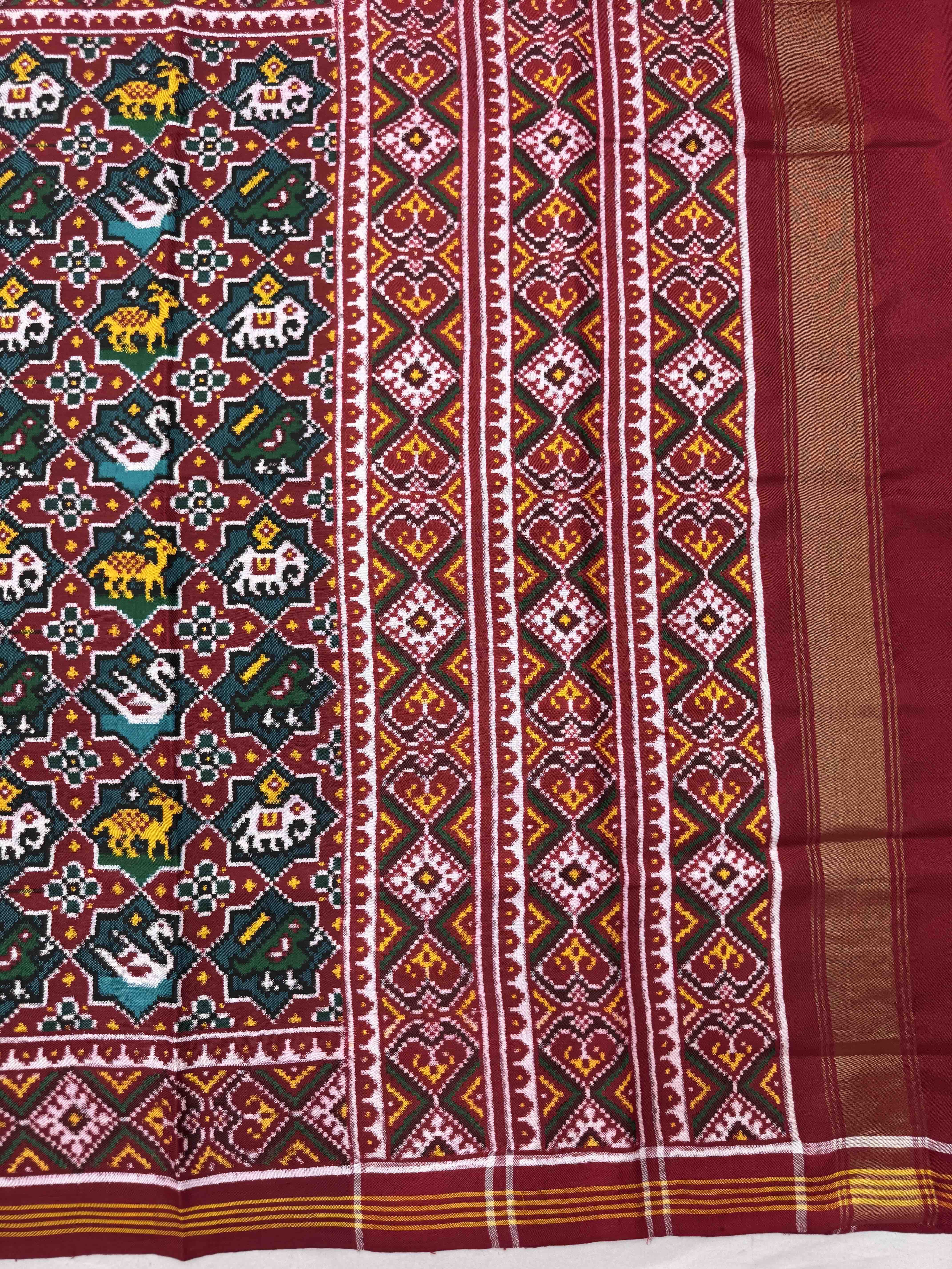 Red & Turquoise Small Star Narikunj Double Ikat Patan Patola Saree