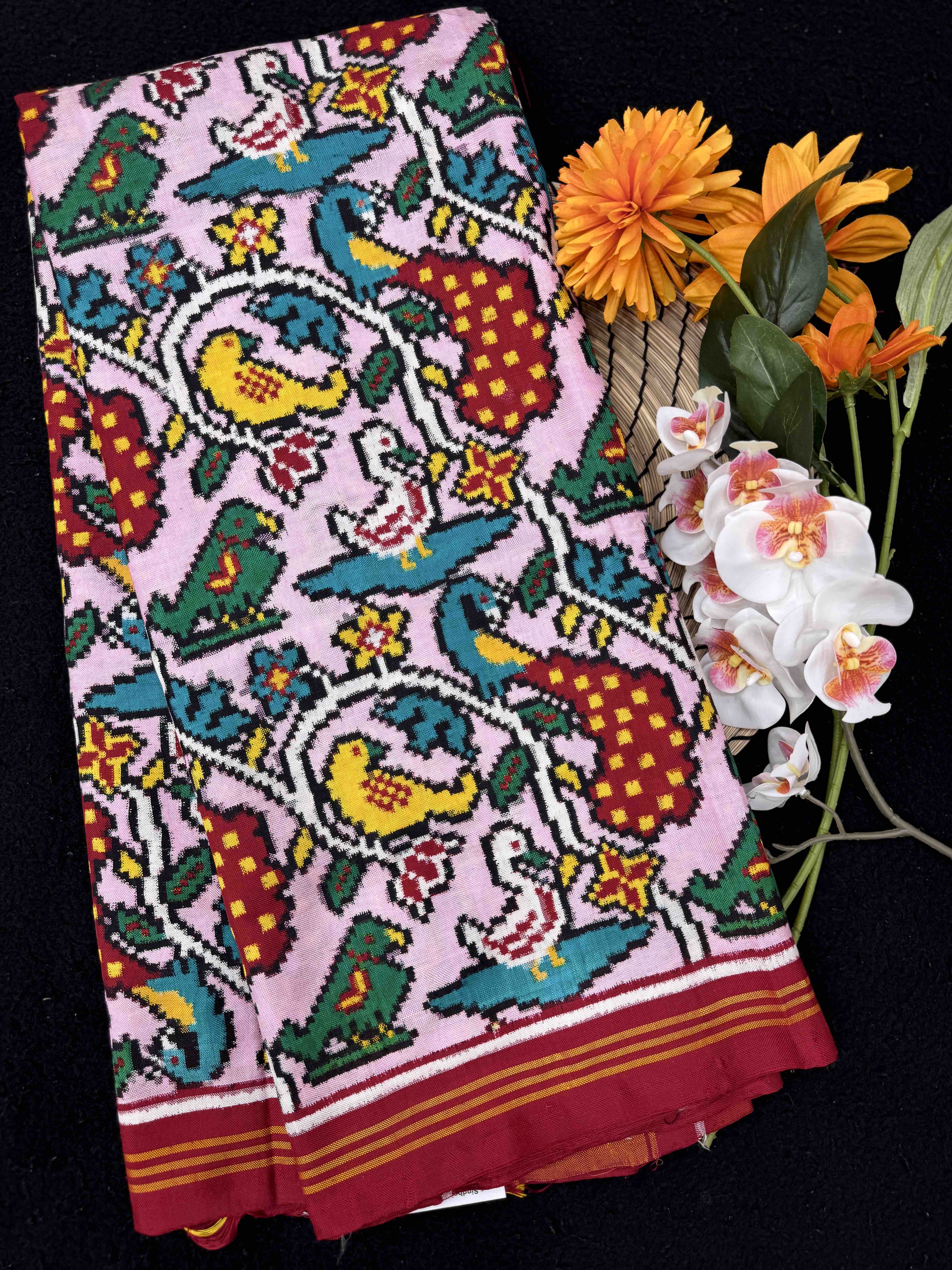 Red & Light Pink Fancy Birds Double Ikat Patan Patola Saree