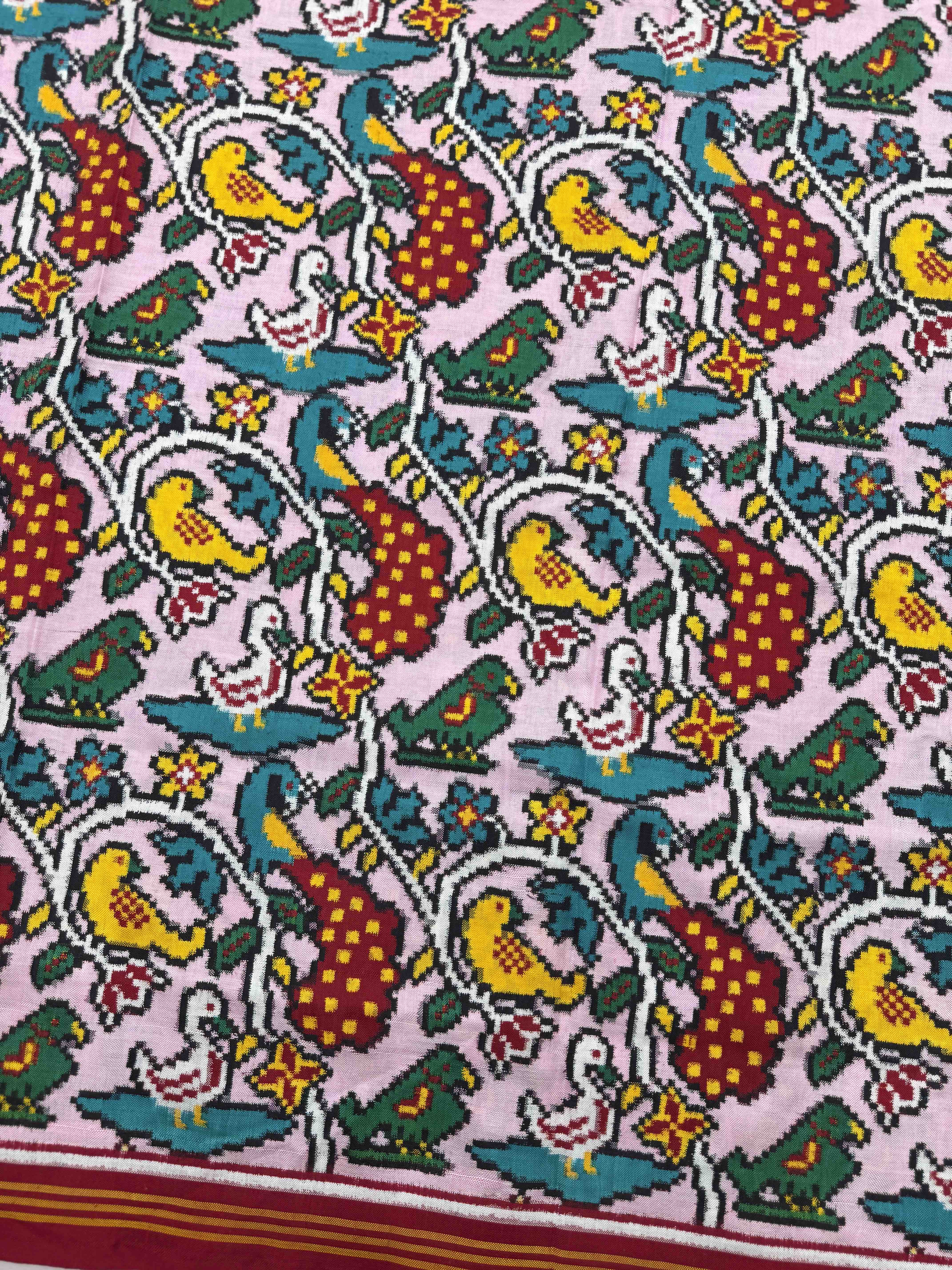 Red & Light Pink Fancy Birds Double Ikat Patan Patola Saree