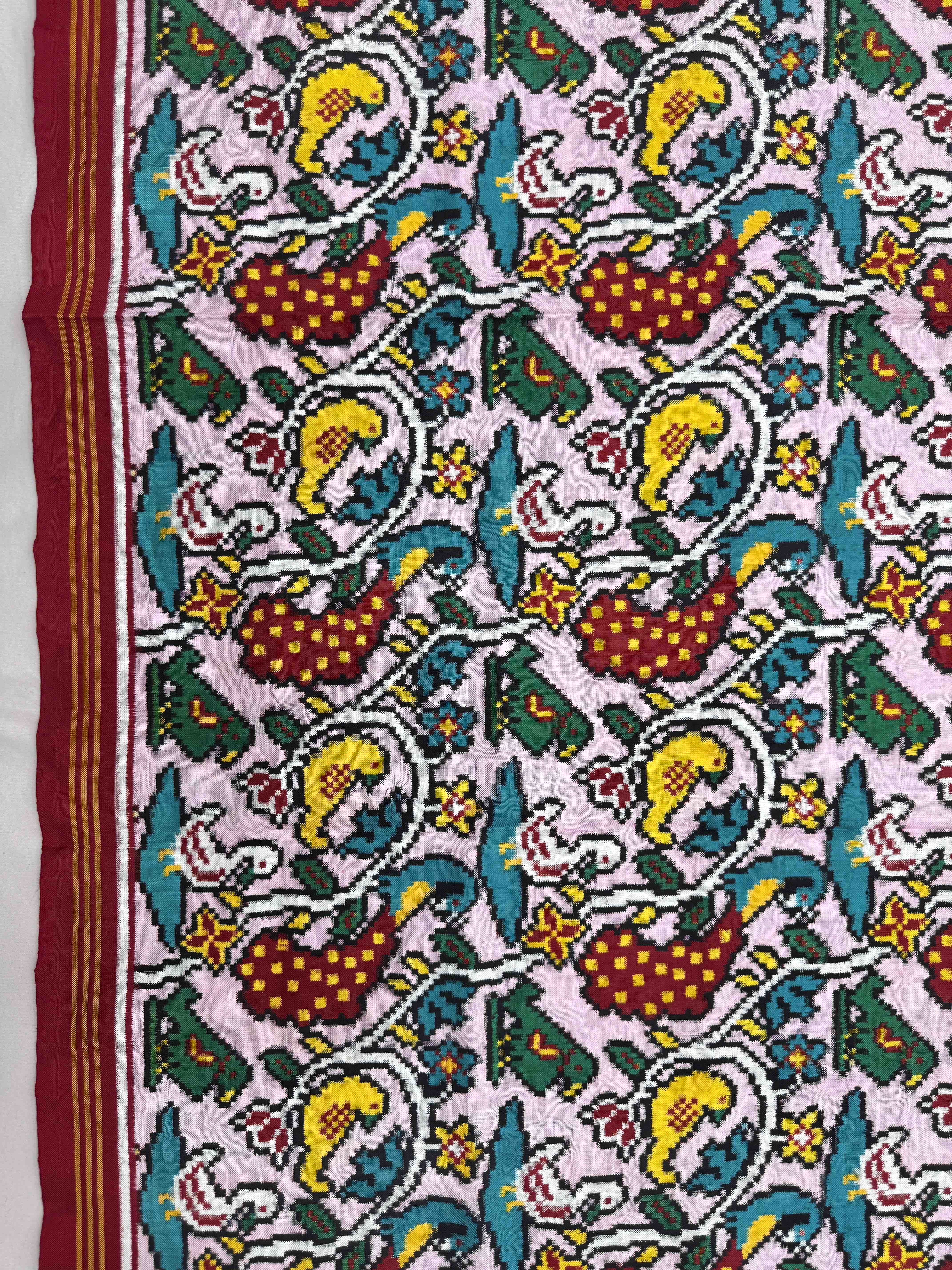 Red & Light Pink Fancy Birds Double Ikat Patan Patola Saree