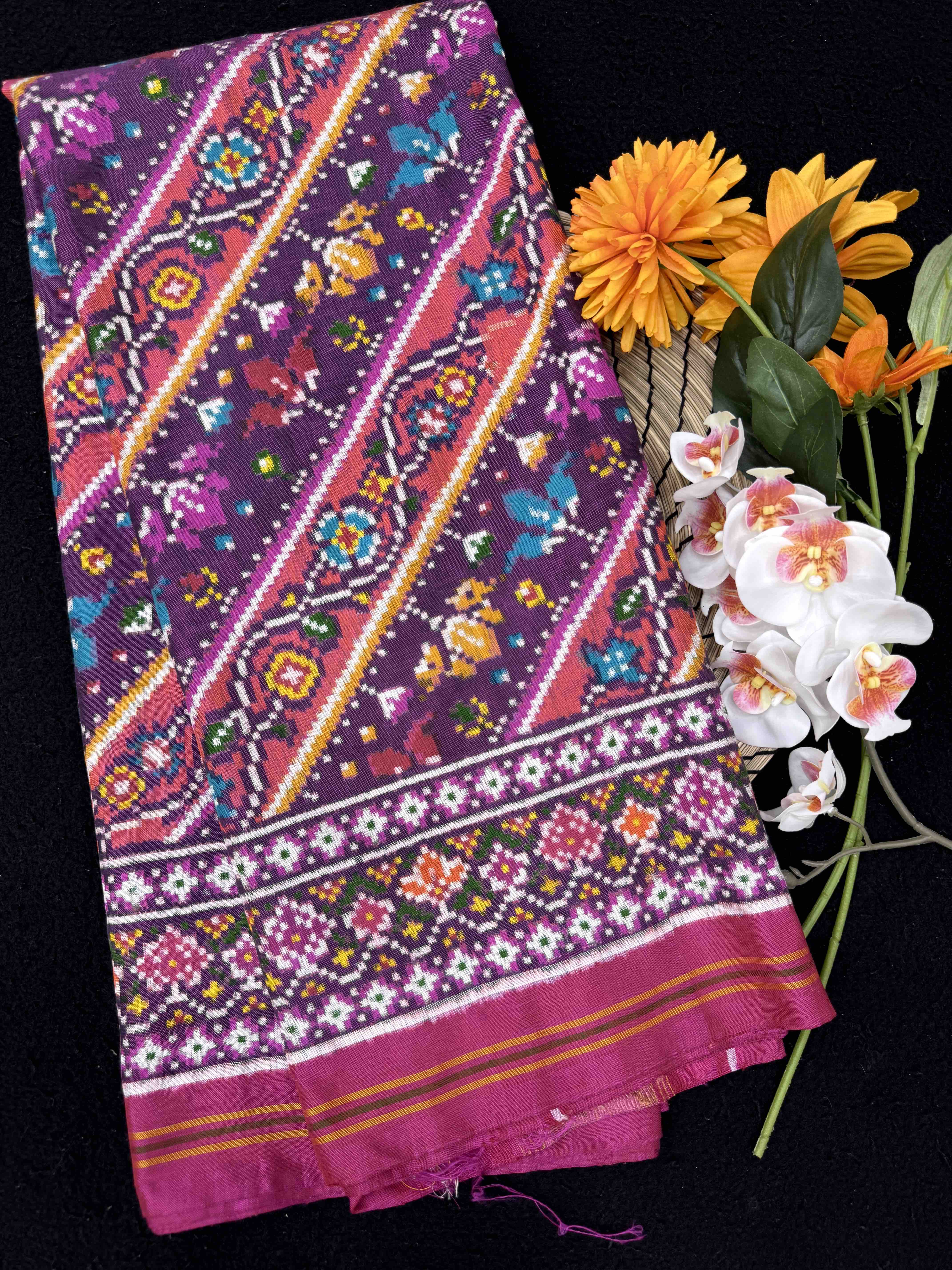 Pink & Purple Leheriya Fancy Flower Double Ikat Patan Patola Saree