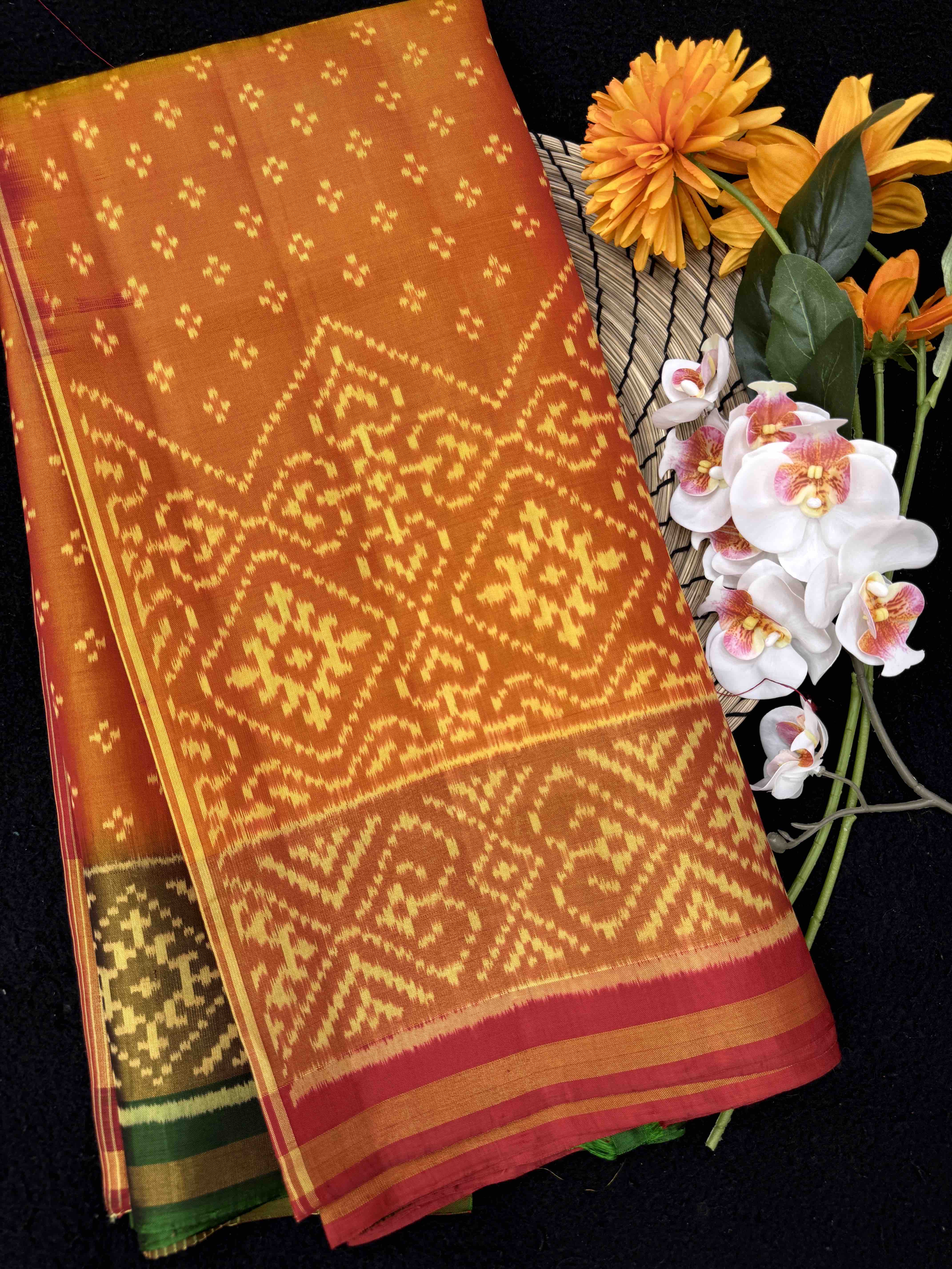 Golden Yellow Booty with Panchanda Scut Border Patola Saree