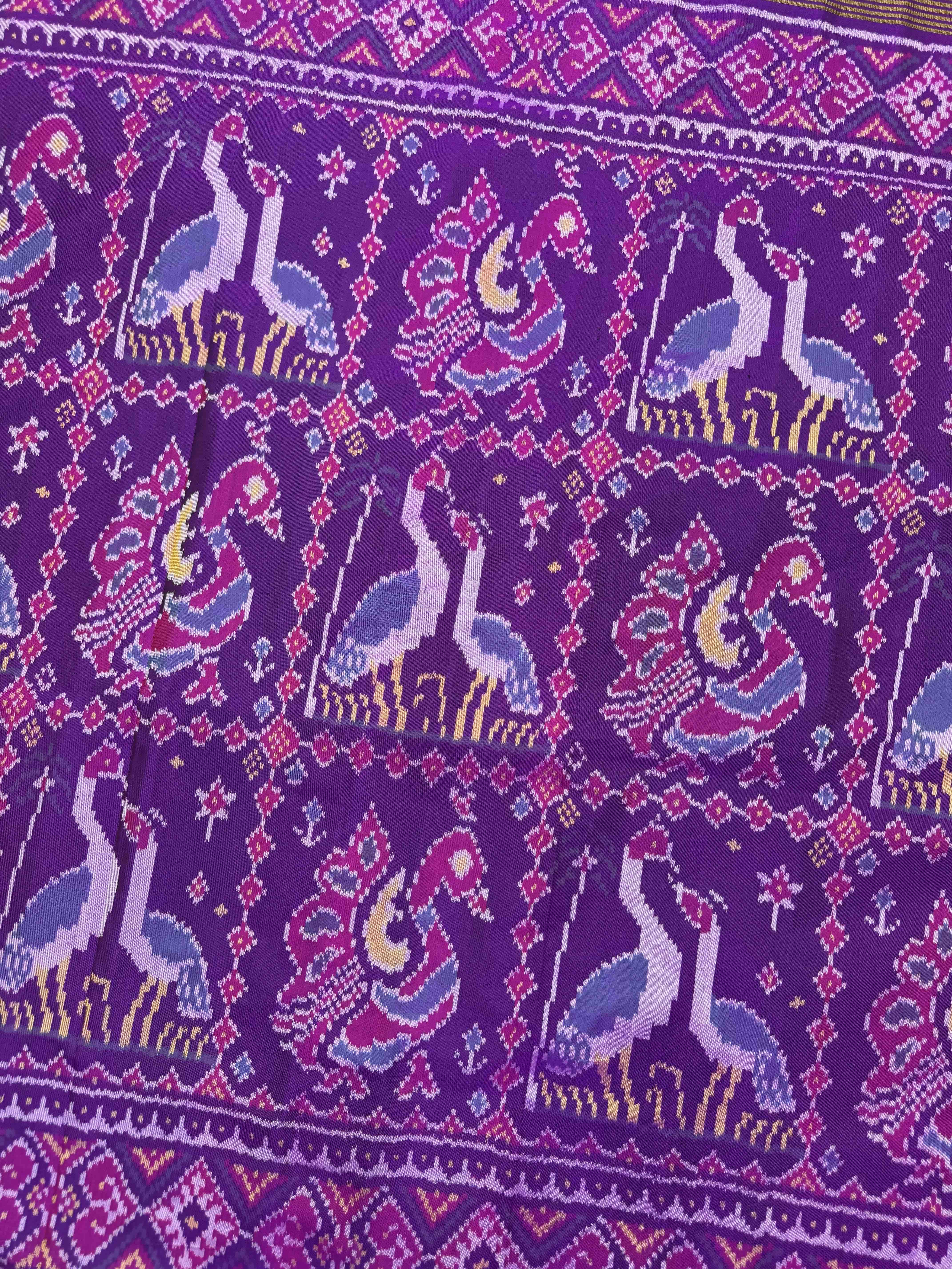 Purple Big Figure Peacock Swan Single Ikat Patan Patola Saree