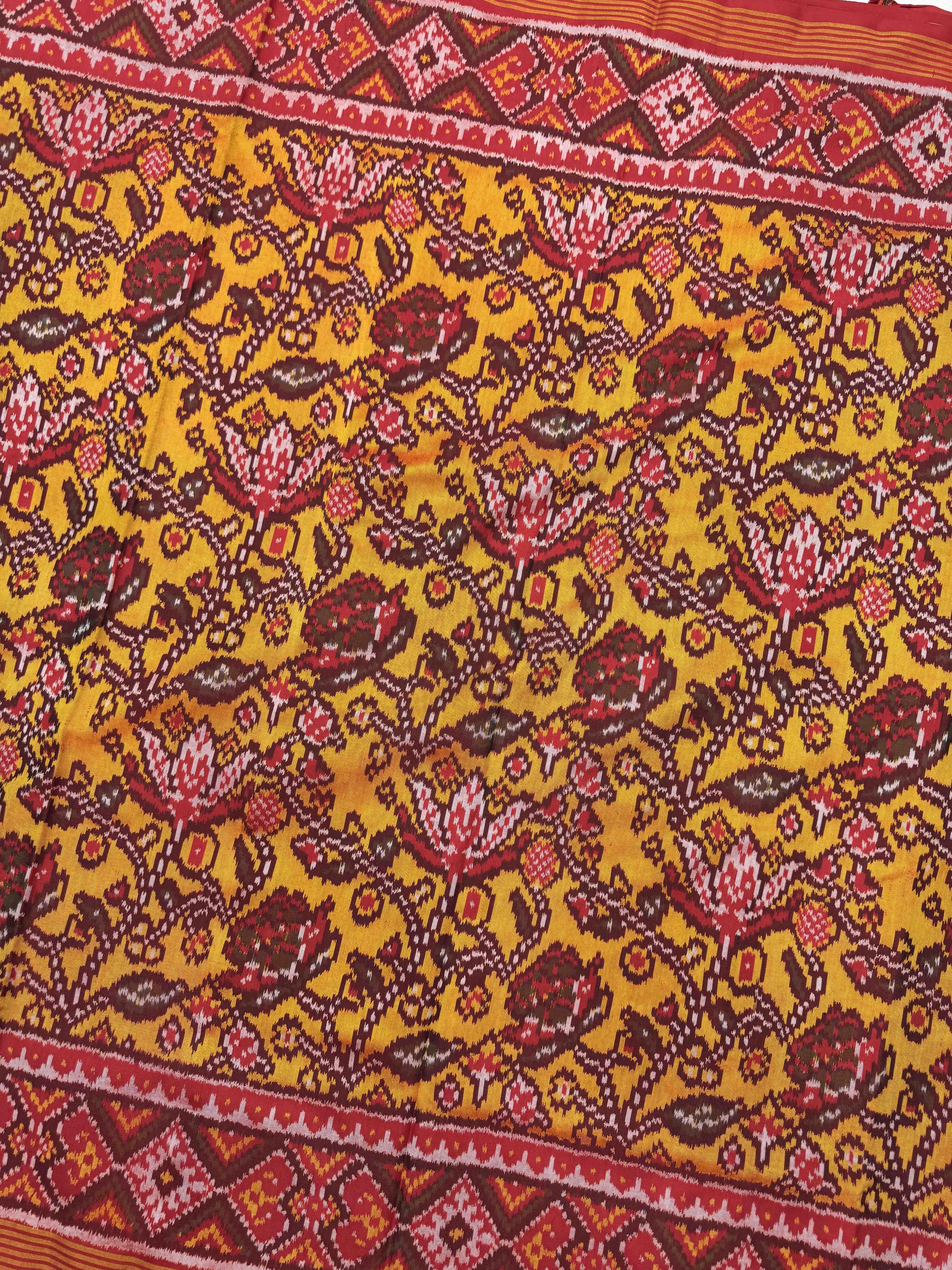 Red & Yellow Flower Leaves Fancy Single Ikat Patan Patola Saree