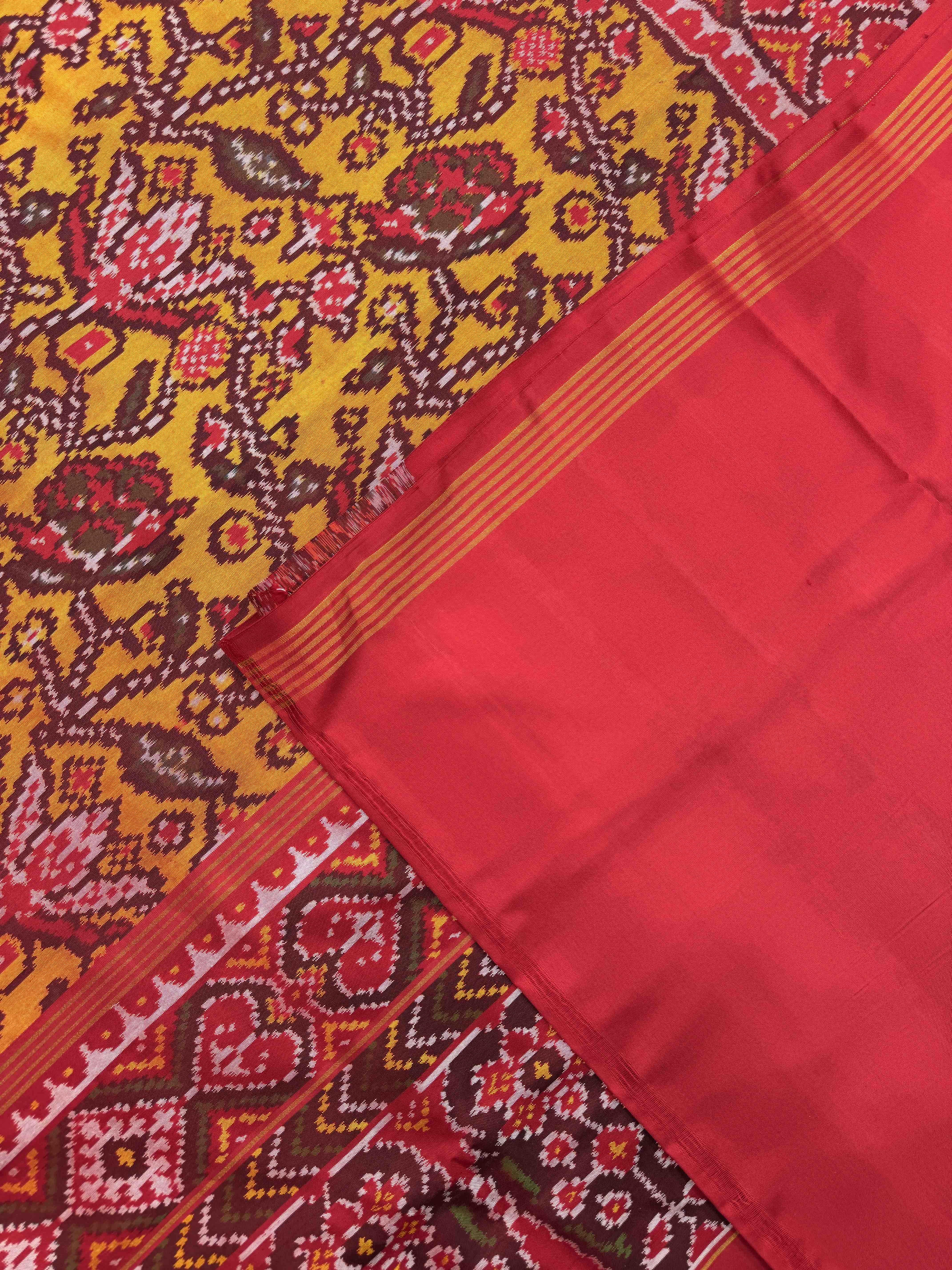 Red & Yellow Flower Leaves Fancy Single Ikat Patan Patola Saree