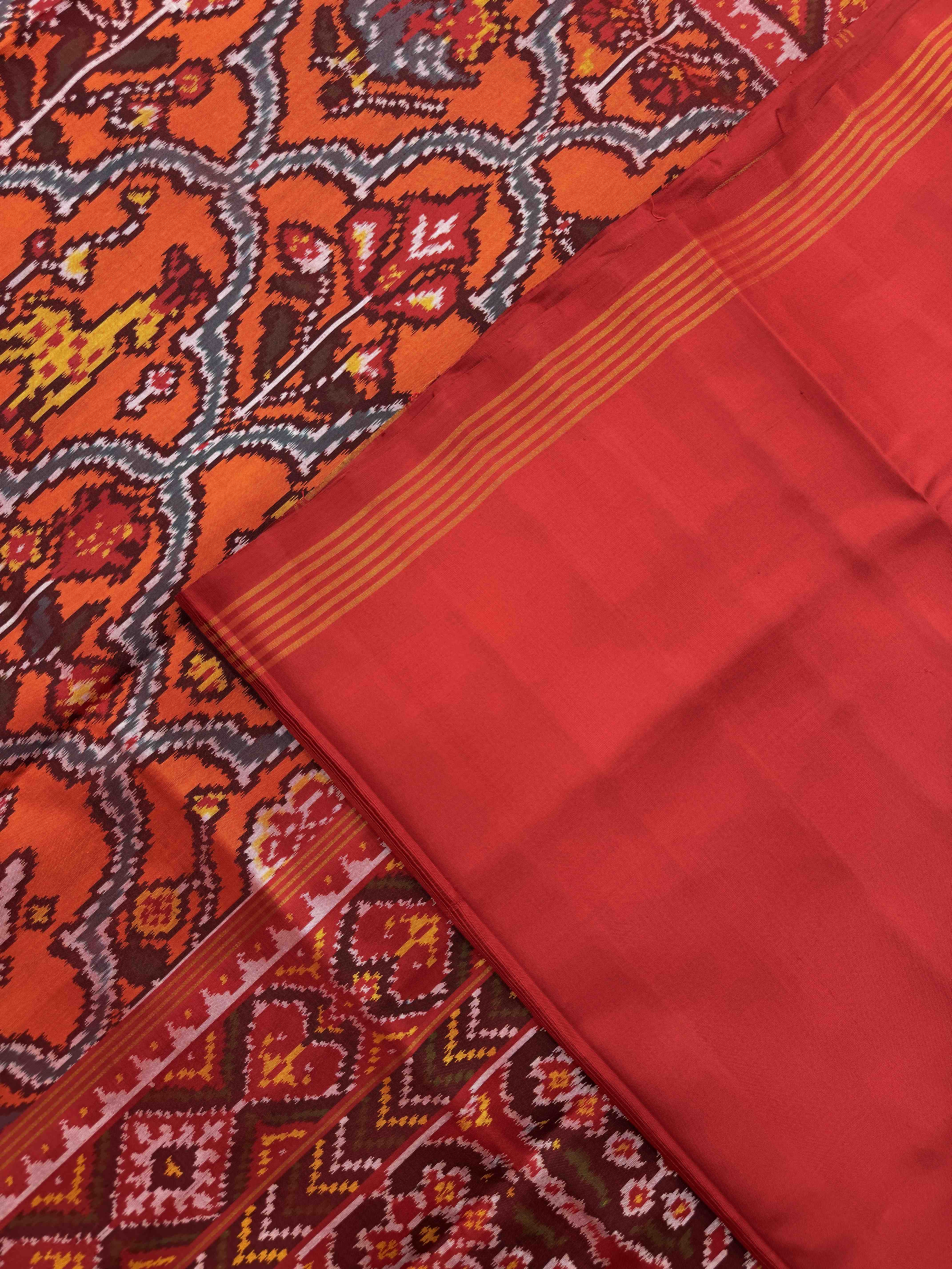 Red & Orange Narikunj Single Ikat Patan Patola Saree