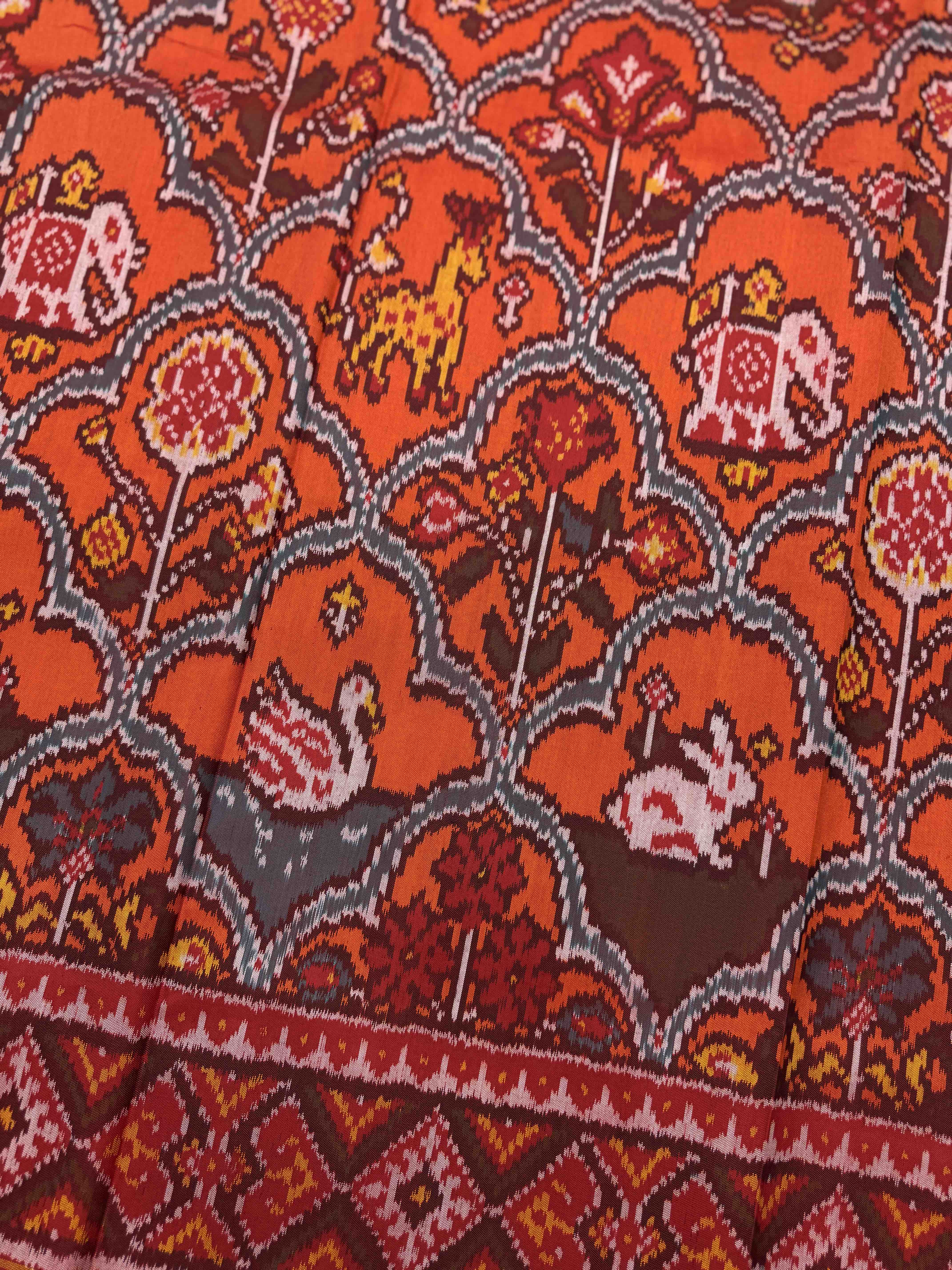 Red & Orange Narikunj Single Ikat Patan Patola Saree