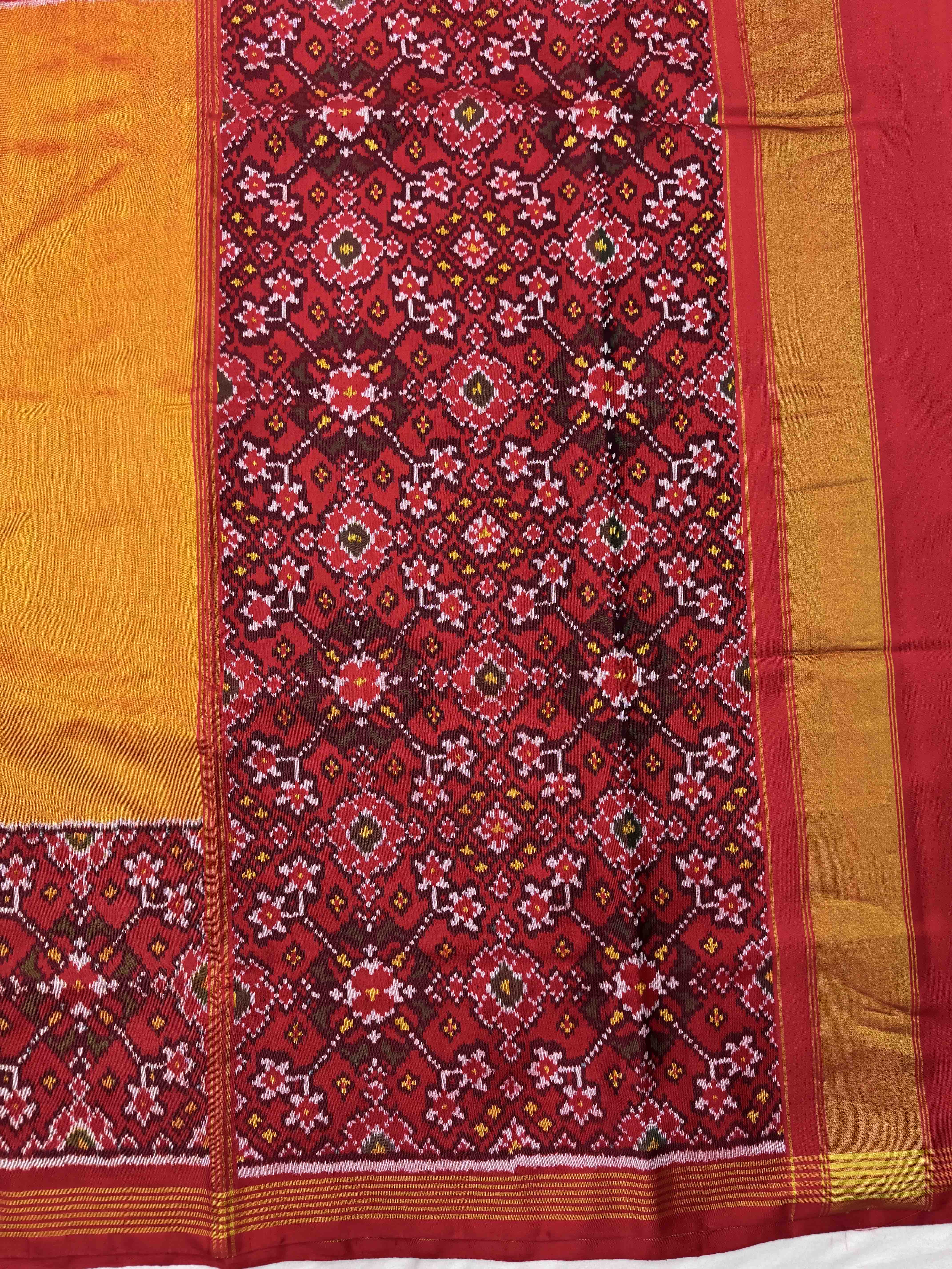 Red & Mustard Plain with Navratan Scut Border Single Ikat Patan Patola Saree