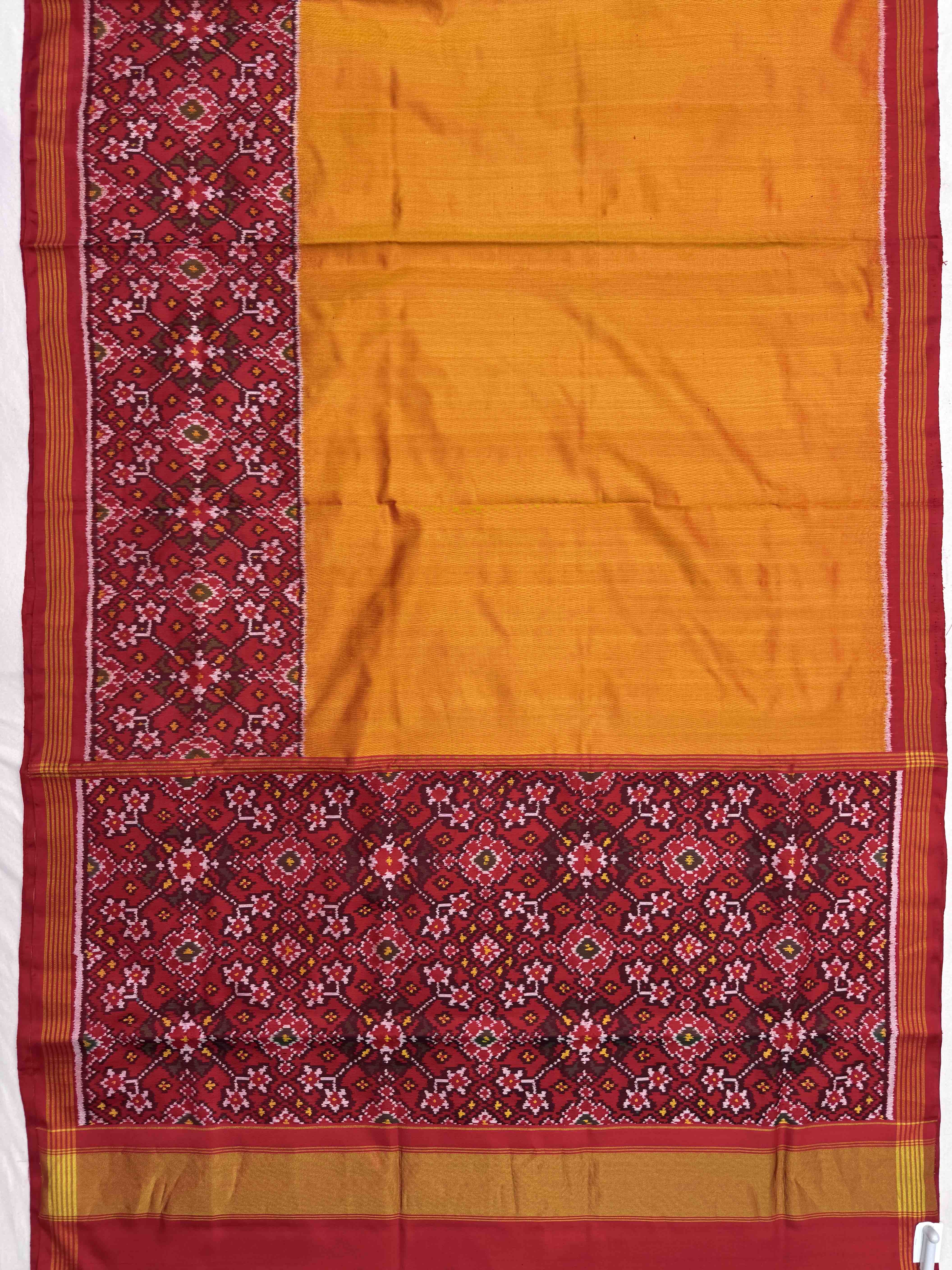 Red & Mustard Plain with Navratan Scut Border Single Ikat Patan Patola Saree