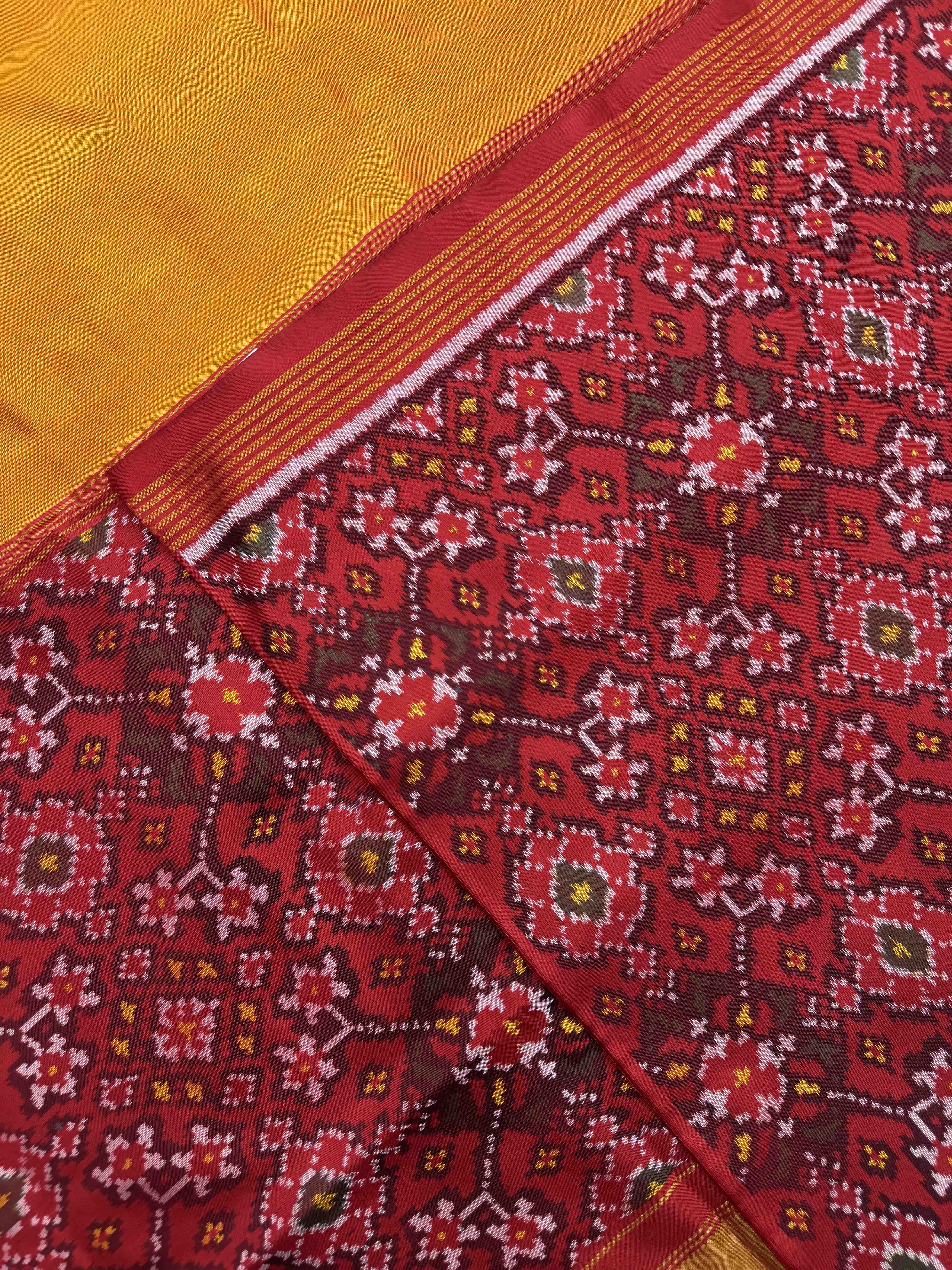 Red & Mustard Plain with Navratan Scut Border Single Ikat Patan Patola Saree
