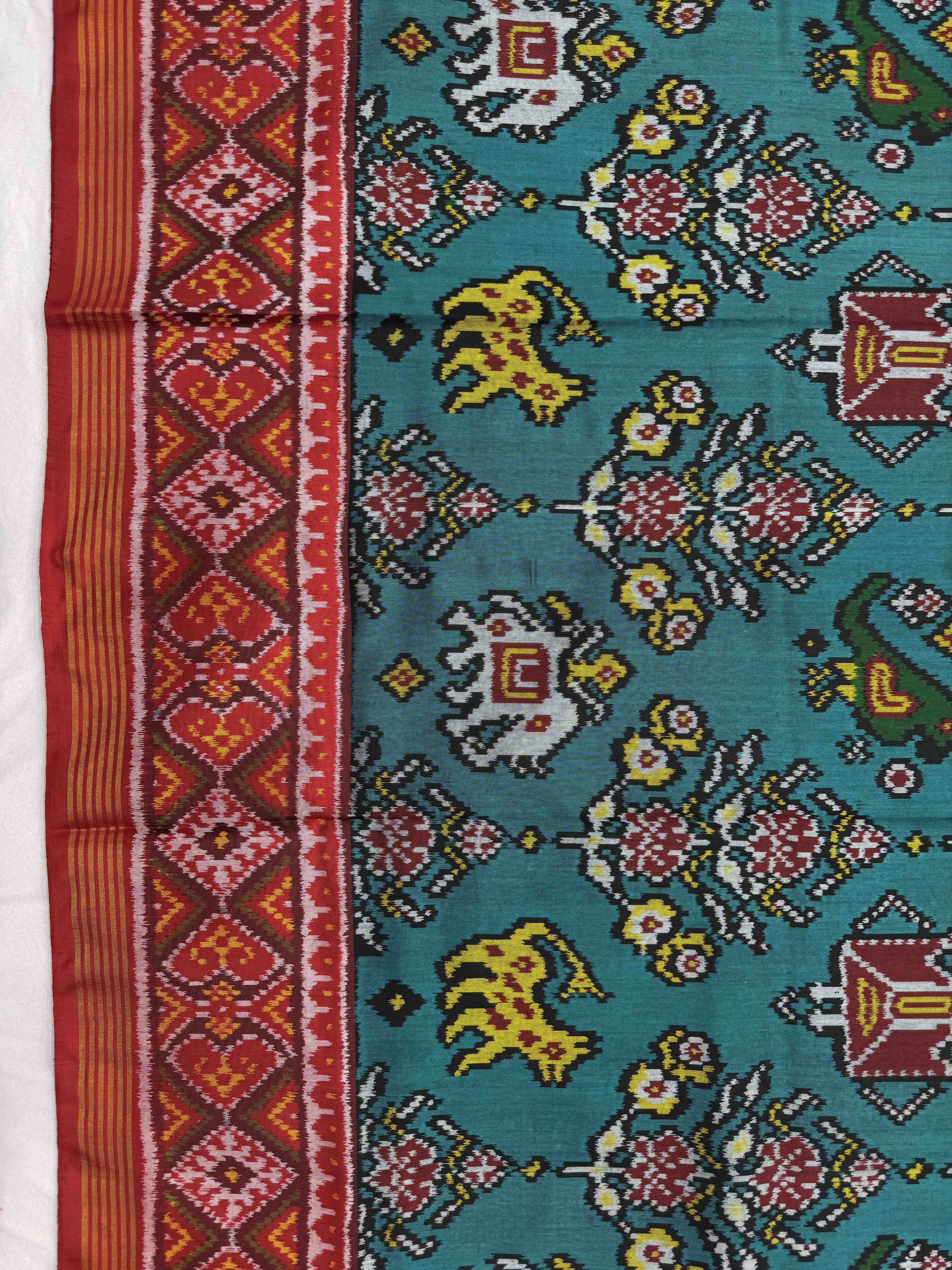 Red & Rama Blue Narikunj Flower Single Ikat Patan Patola Saree
