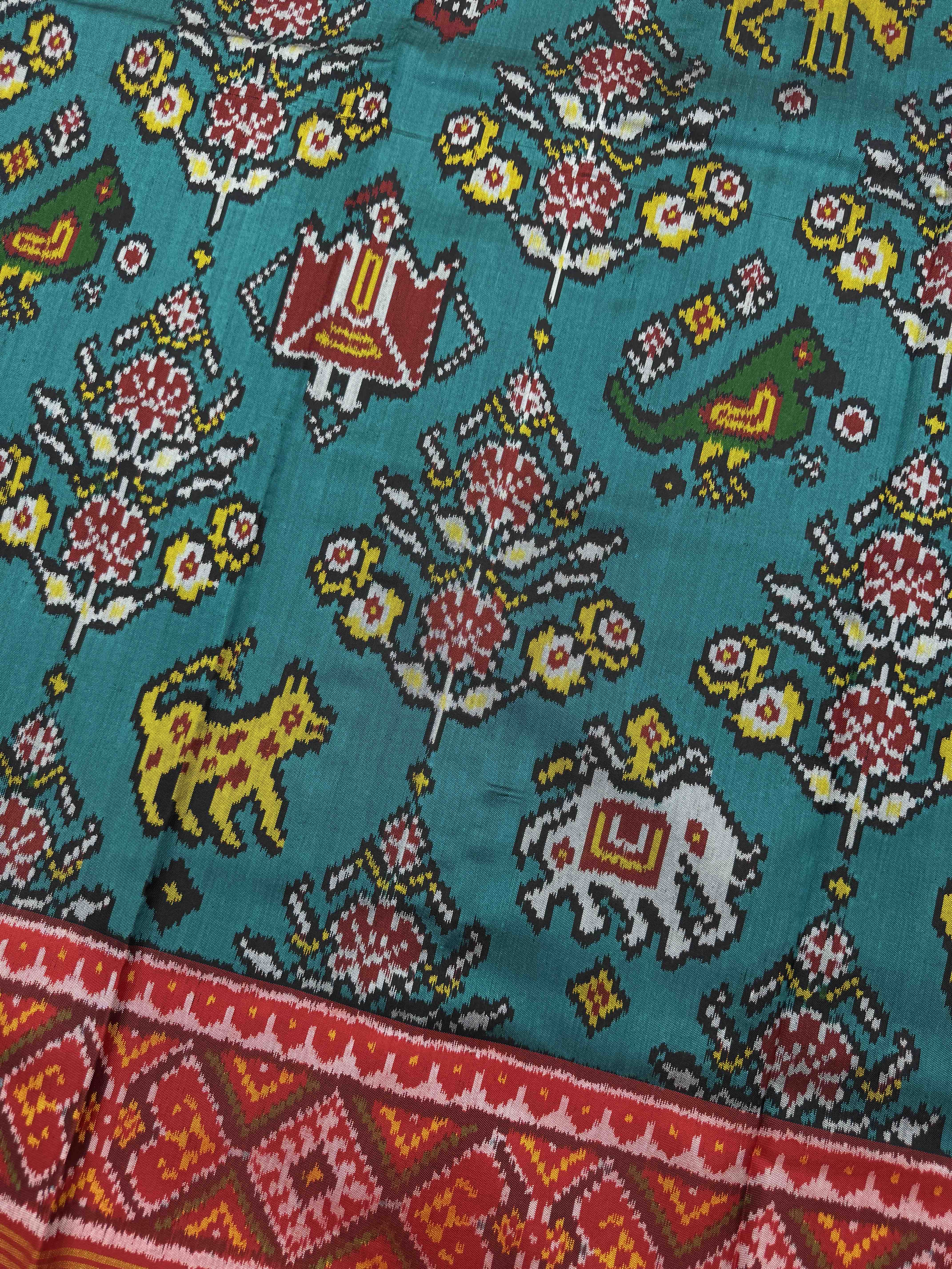 Red & Rama Blue Narikunj Flower Single Ikat Patan Patola Saree