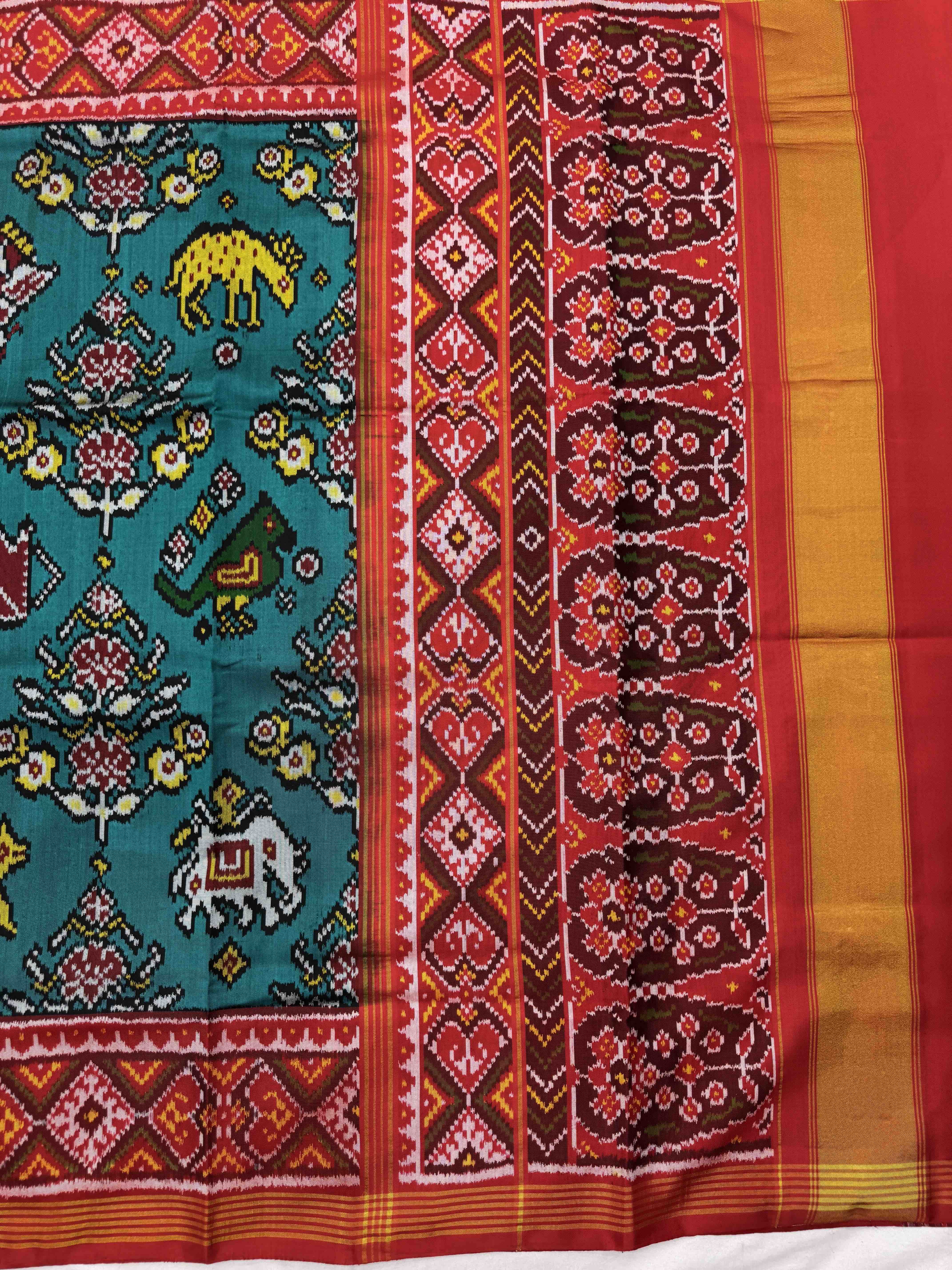Red & Rama Blue Narikunj Flower Single Ikat Patan Patola Saree