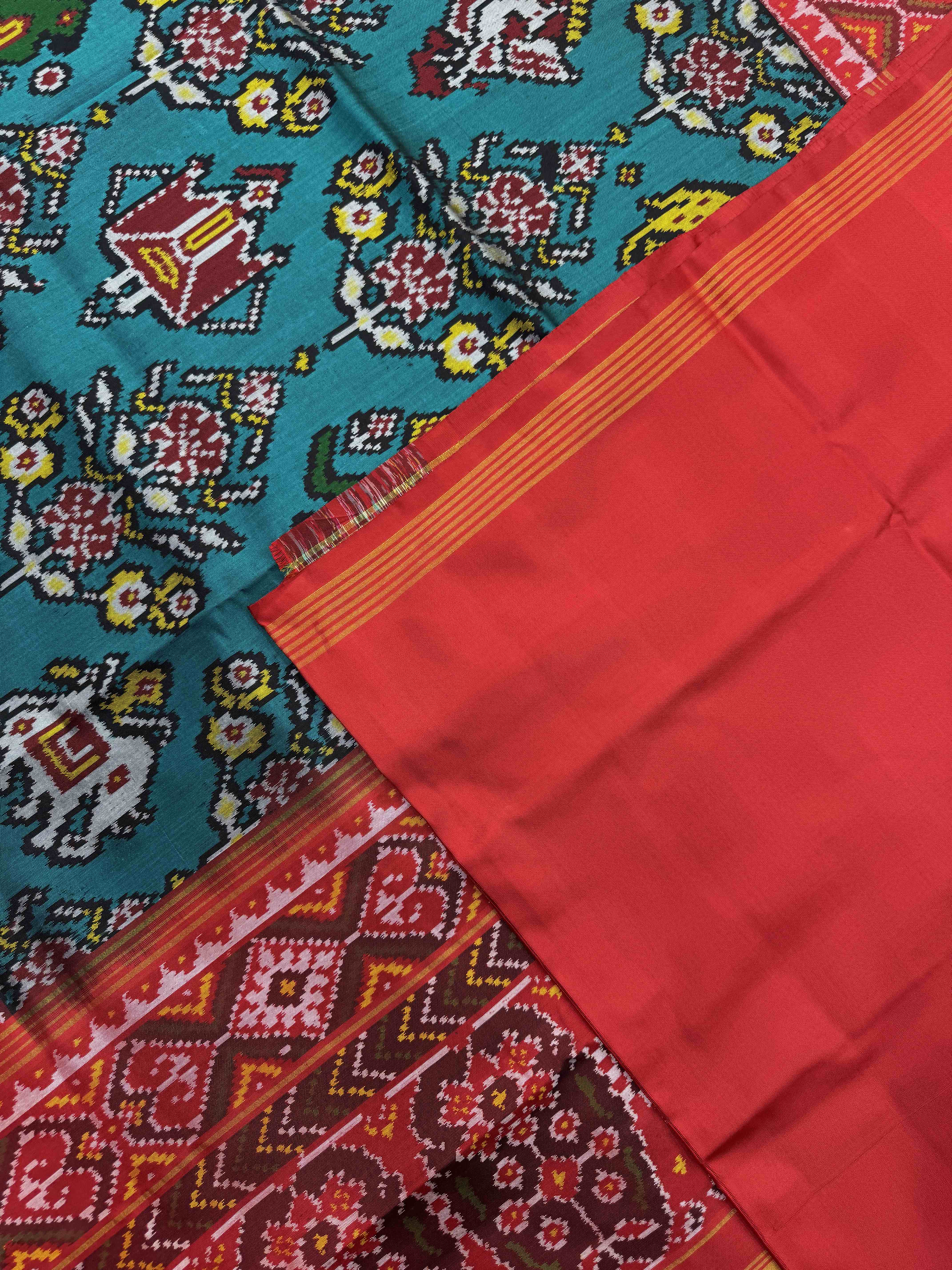 Red & Rama Blue Narikunj Flower Single Ikat Patan Patola Saree