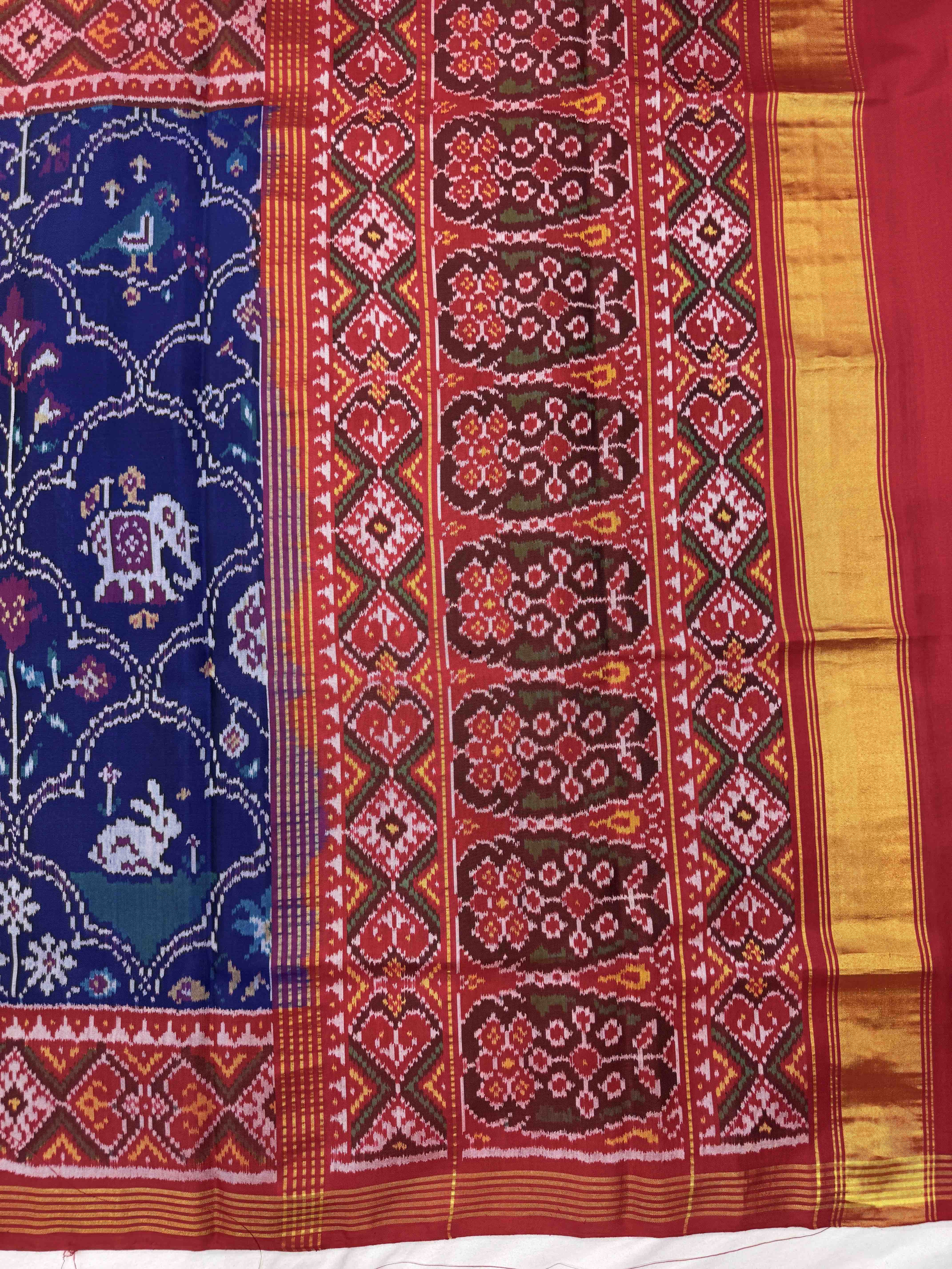 Red & Navy Blue Narikunj Single Ikat Patan Patola Saree