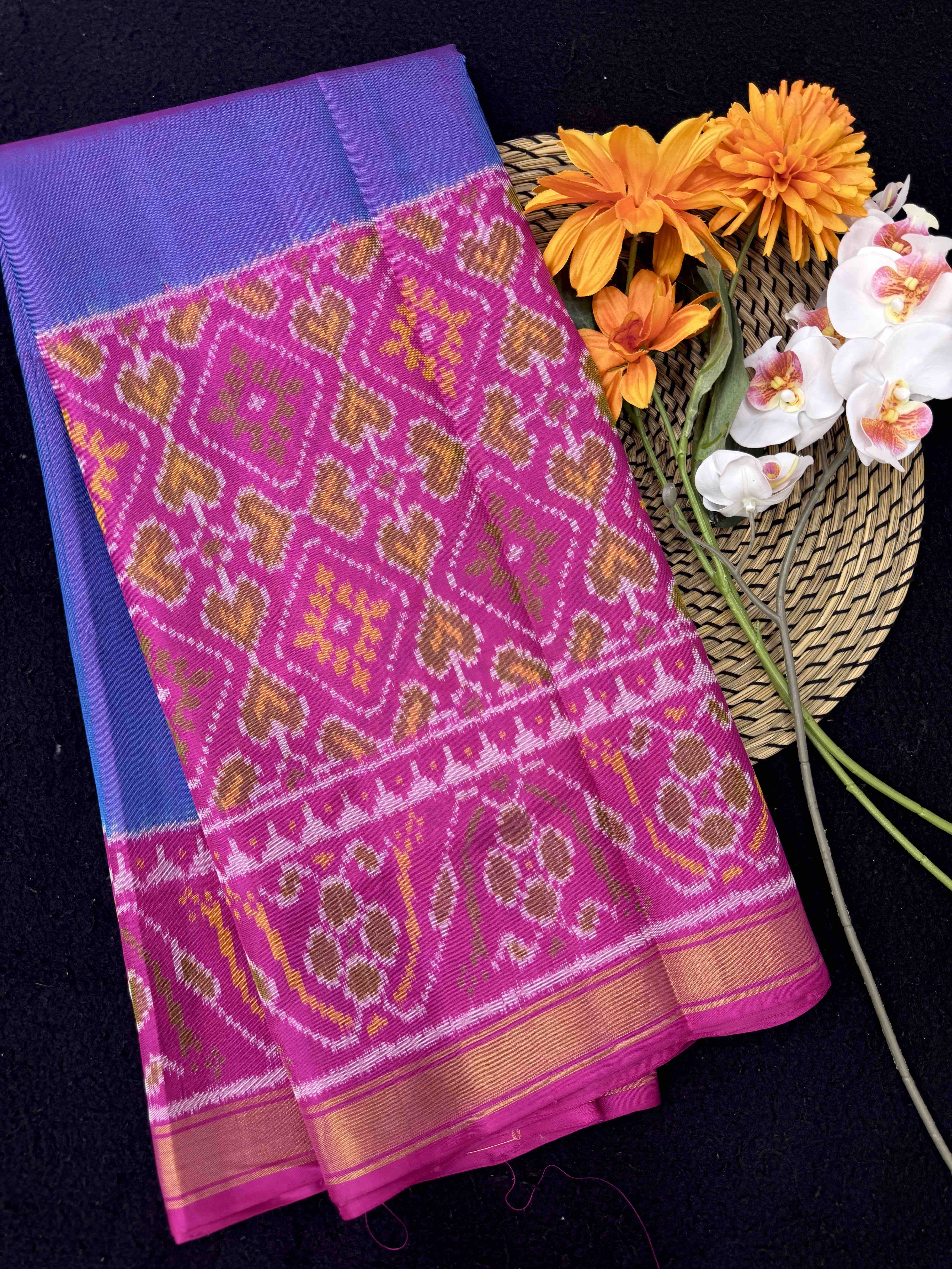 Pink & Sky Blue Plain with Panchanda Scut Border Patola Saree