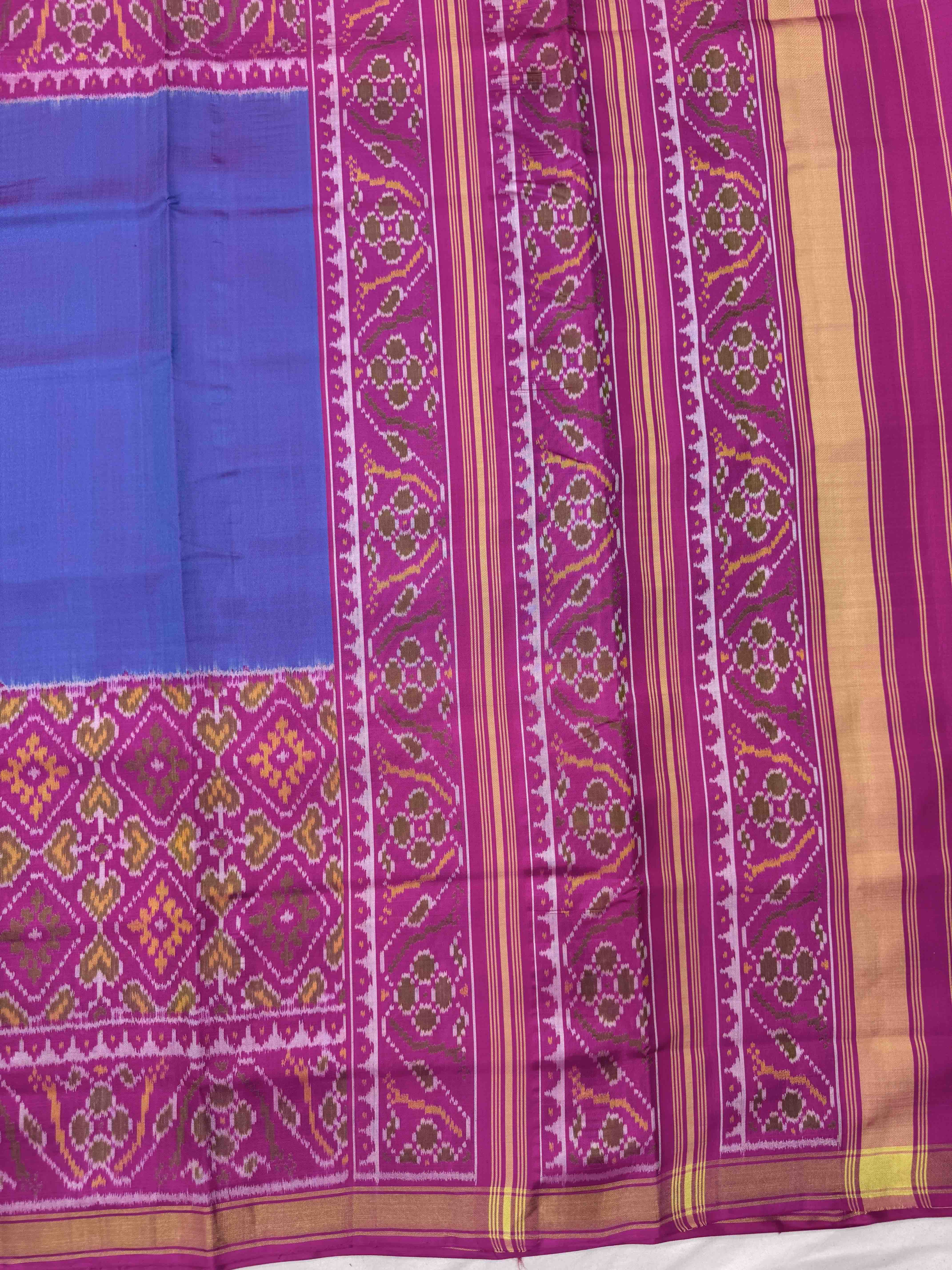 Pink & Sky Blue Plain with Panchanda Scut Border Patola Saree