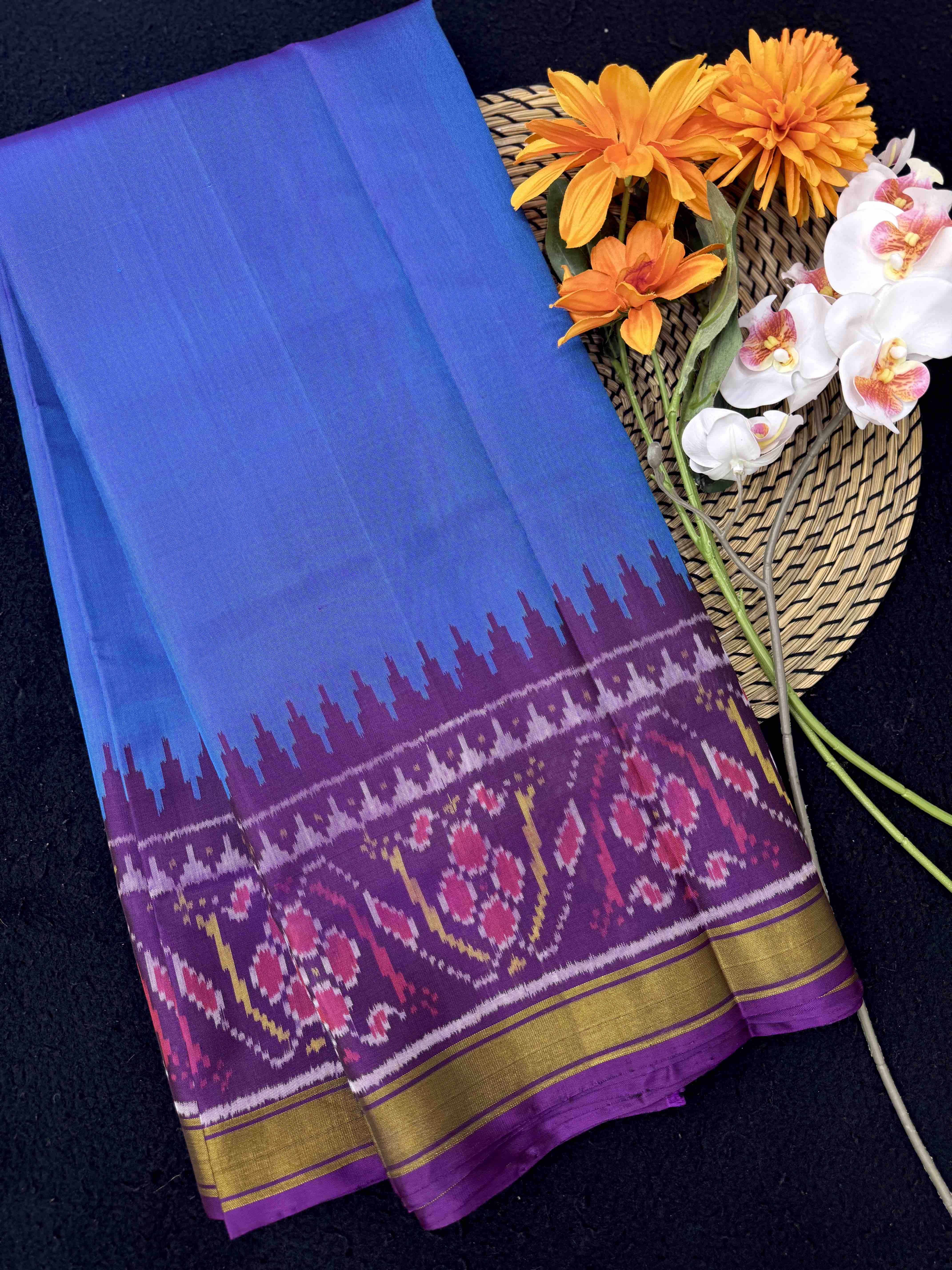 Purple & Sky Blue Plain Patola Saree