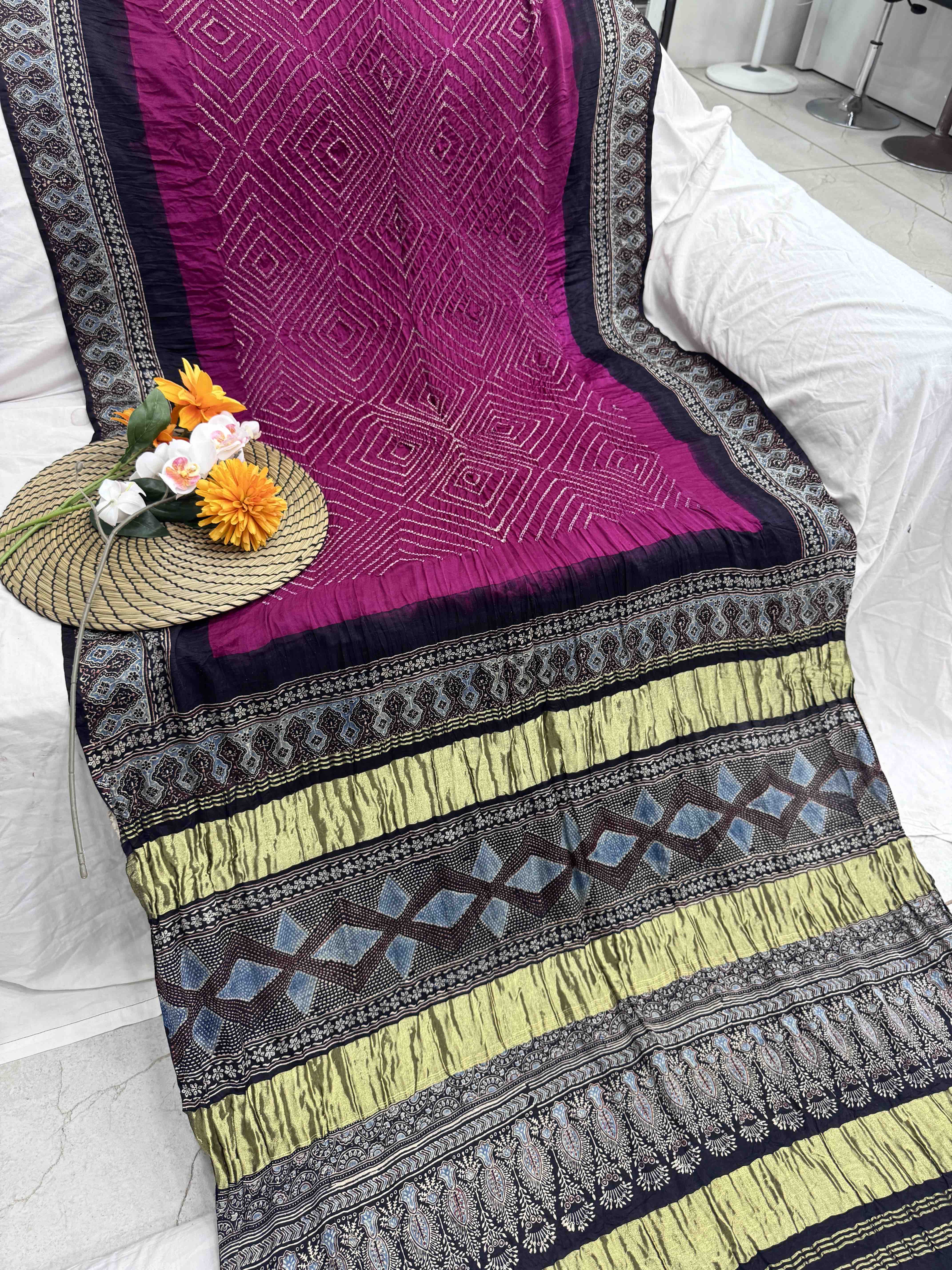 Black & Pink Gajji Silk with Ajarakh Print Bandhani Saree