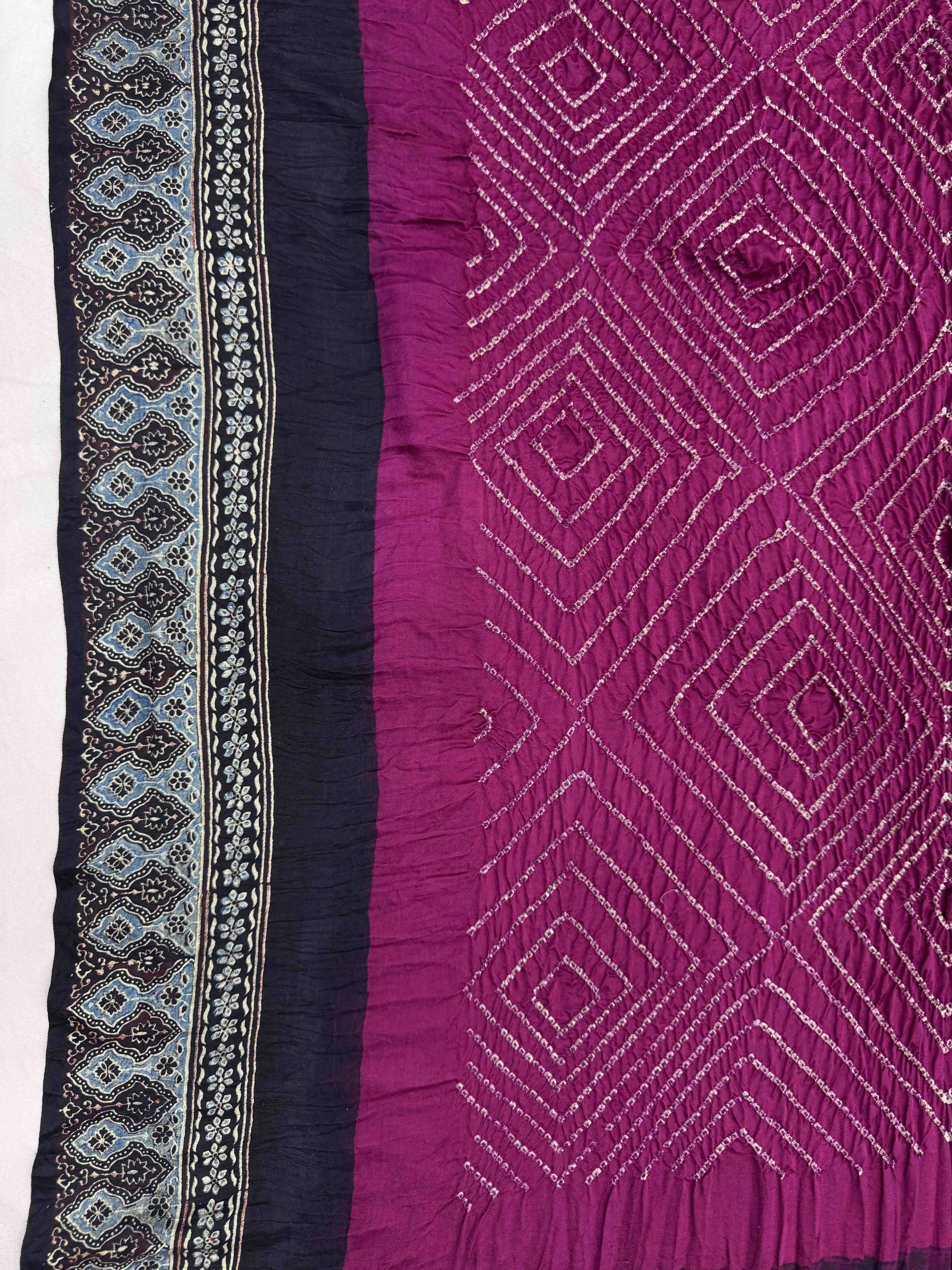 Black & Pink Gajji Silk with Ajarakh Print Bandhani Saree