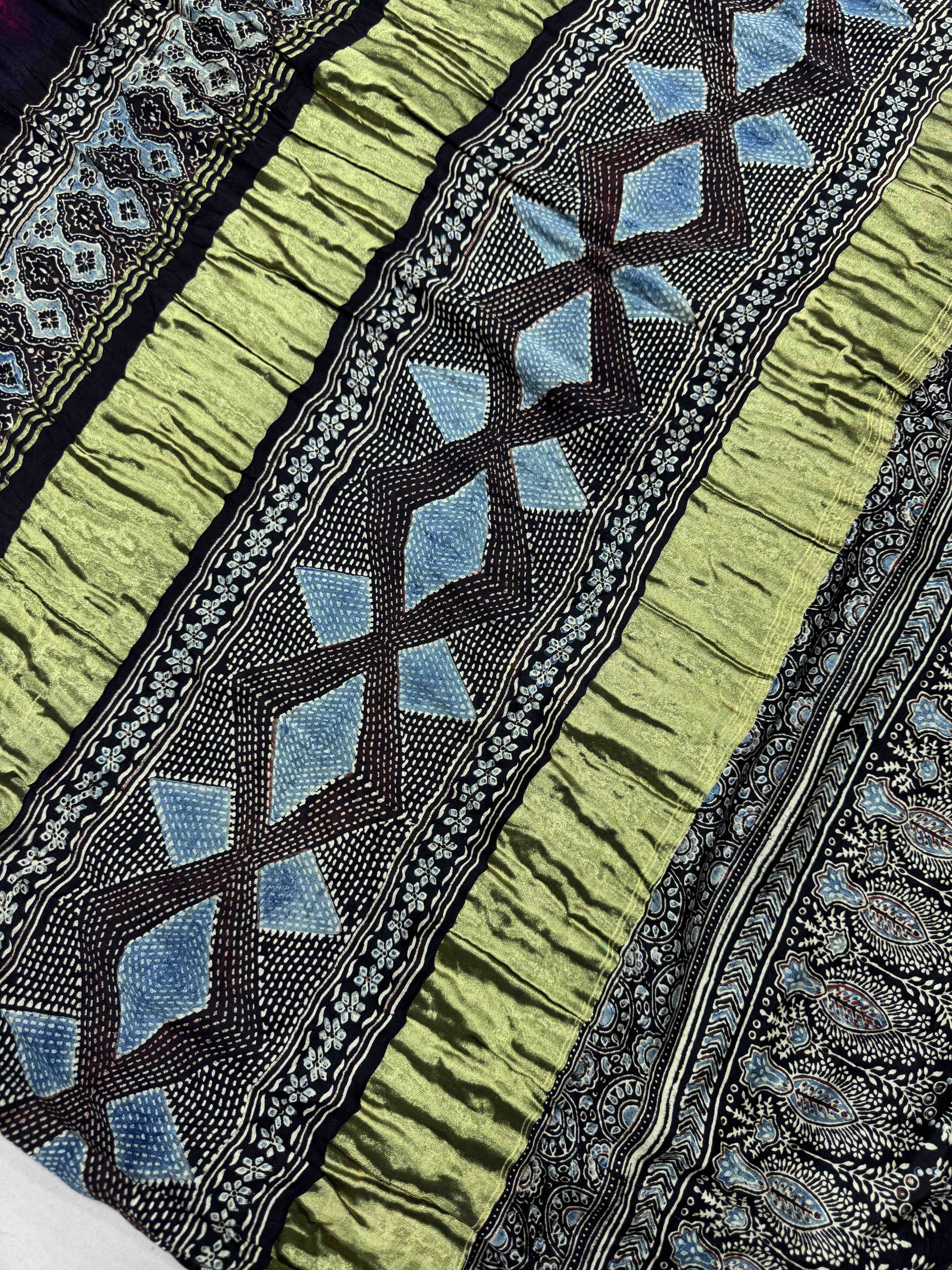 Black & Pink Gajji Silk with Ajarakh Print Bandhani Saree