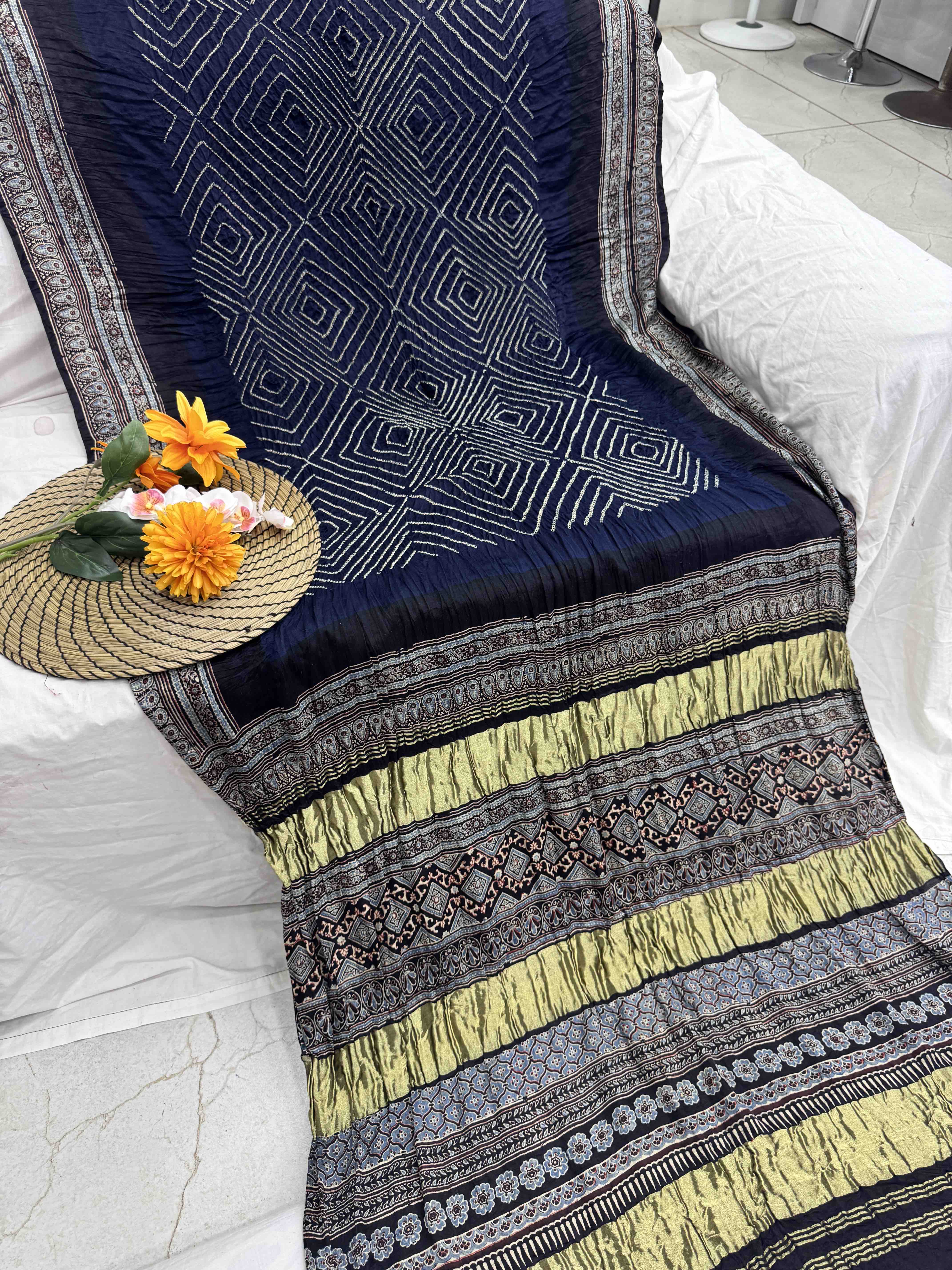 Black & Navy Blue Gajji Silk with Ajarakh Print Bandhani Saree