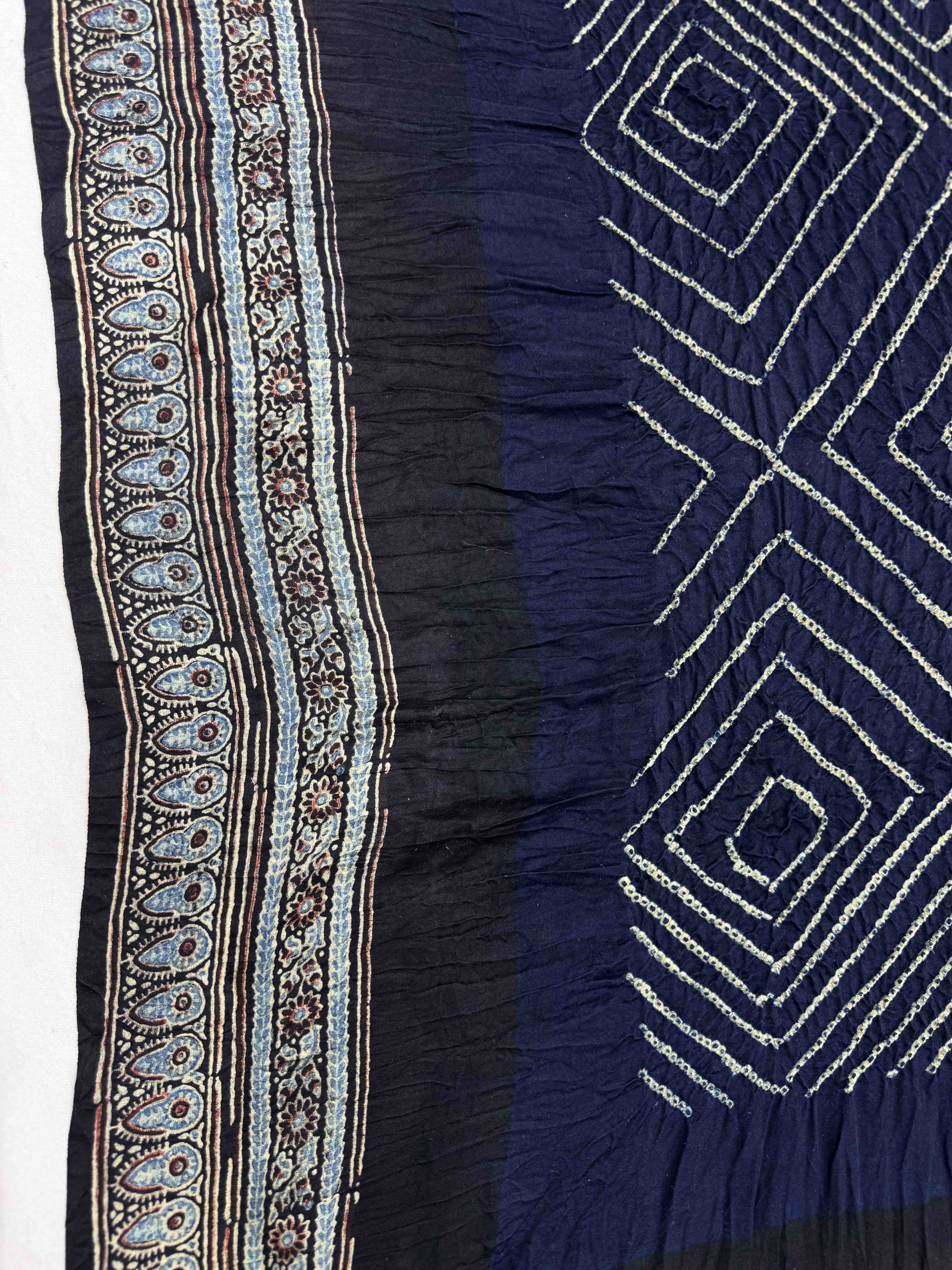 Black & Navy Blue Gajji Silk with Ajarakh Print Bandhani Saree