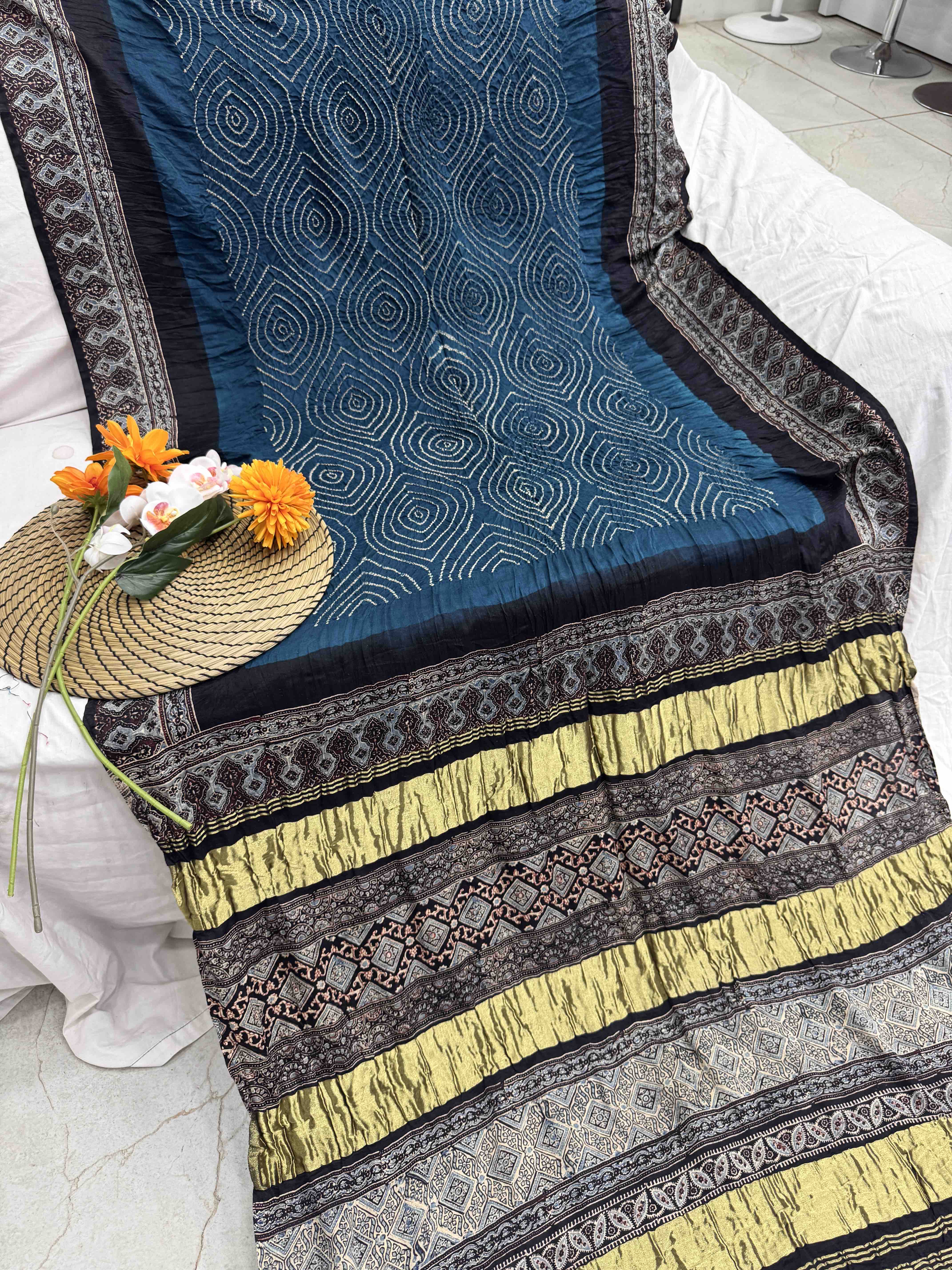 Black & Turquoise Blue Gajji Silk with Ajarakh Print Bandhani Saree