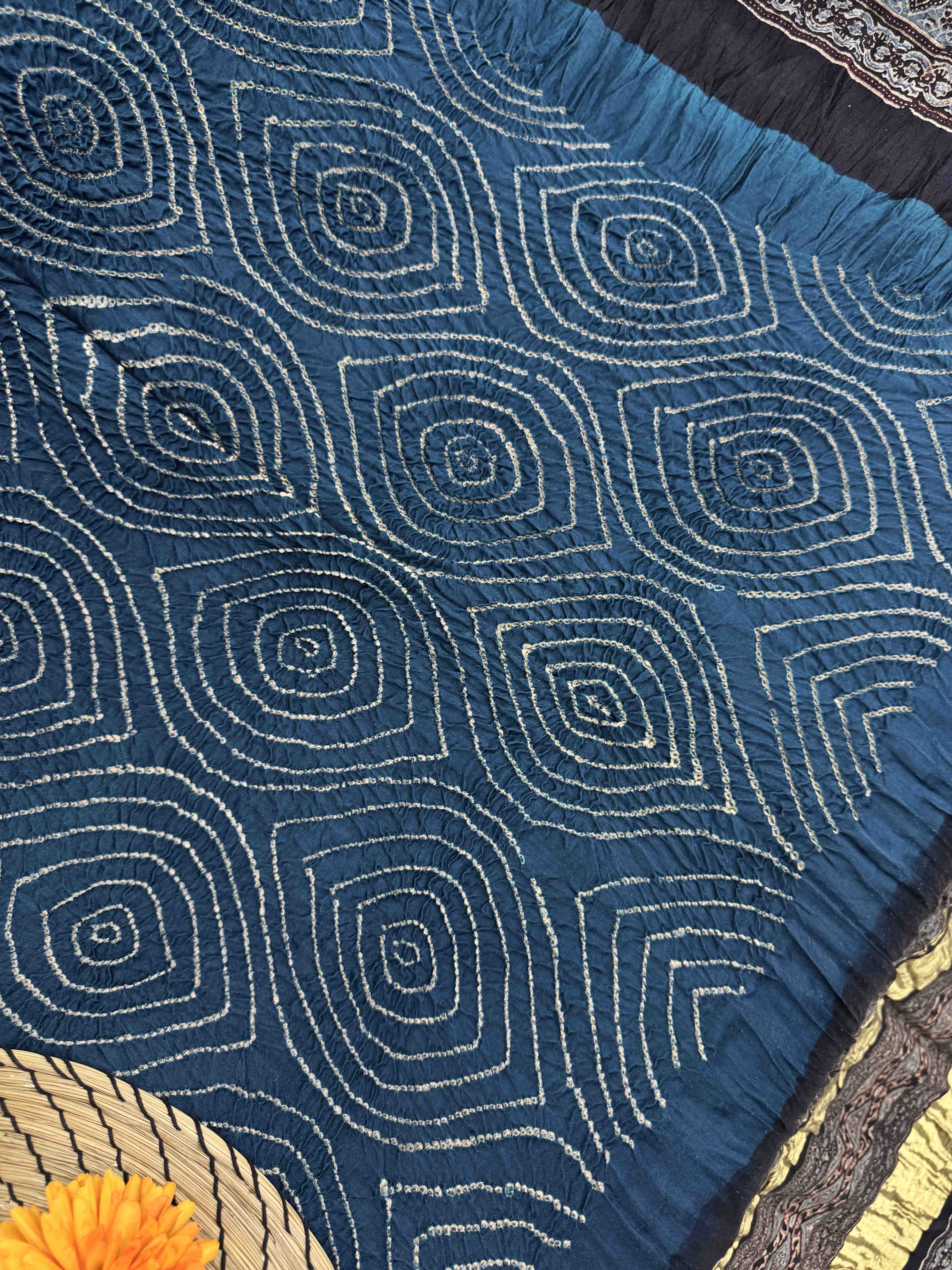 Black & Turquoise Blue Gajji Silk with Ajarakh Print Bandhani Saree