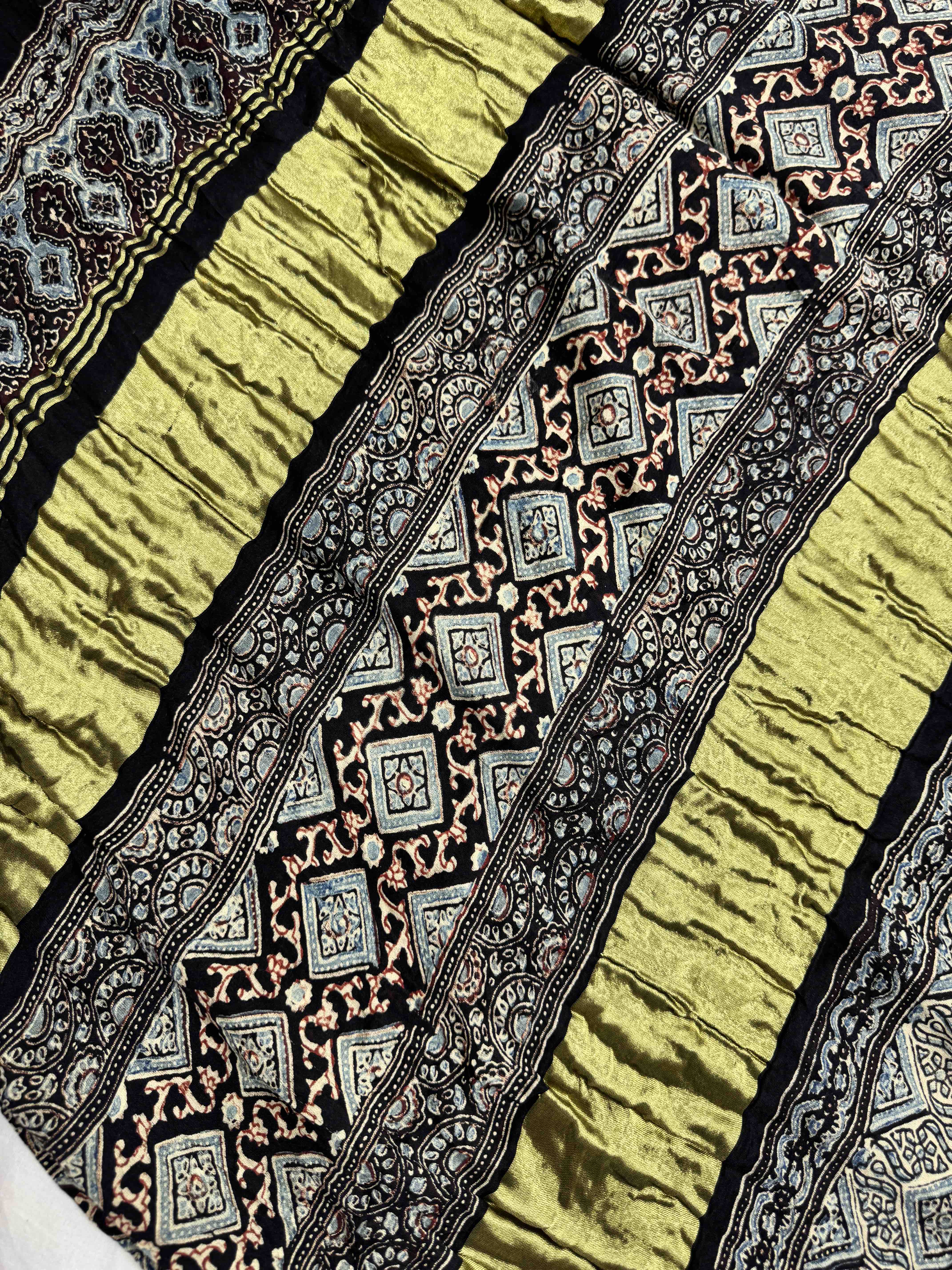 Black & Turquoise Blue Gajji Silk with Ajarakh Print Bandhani Saree