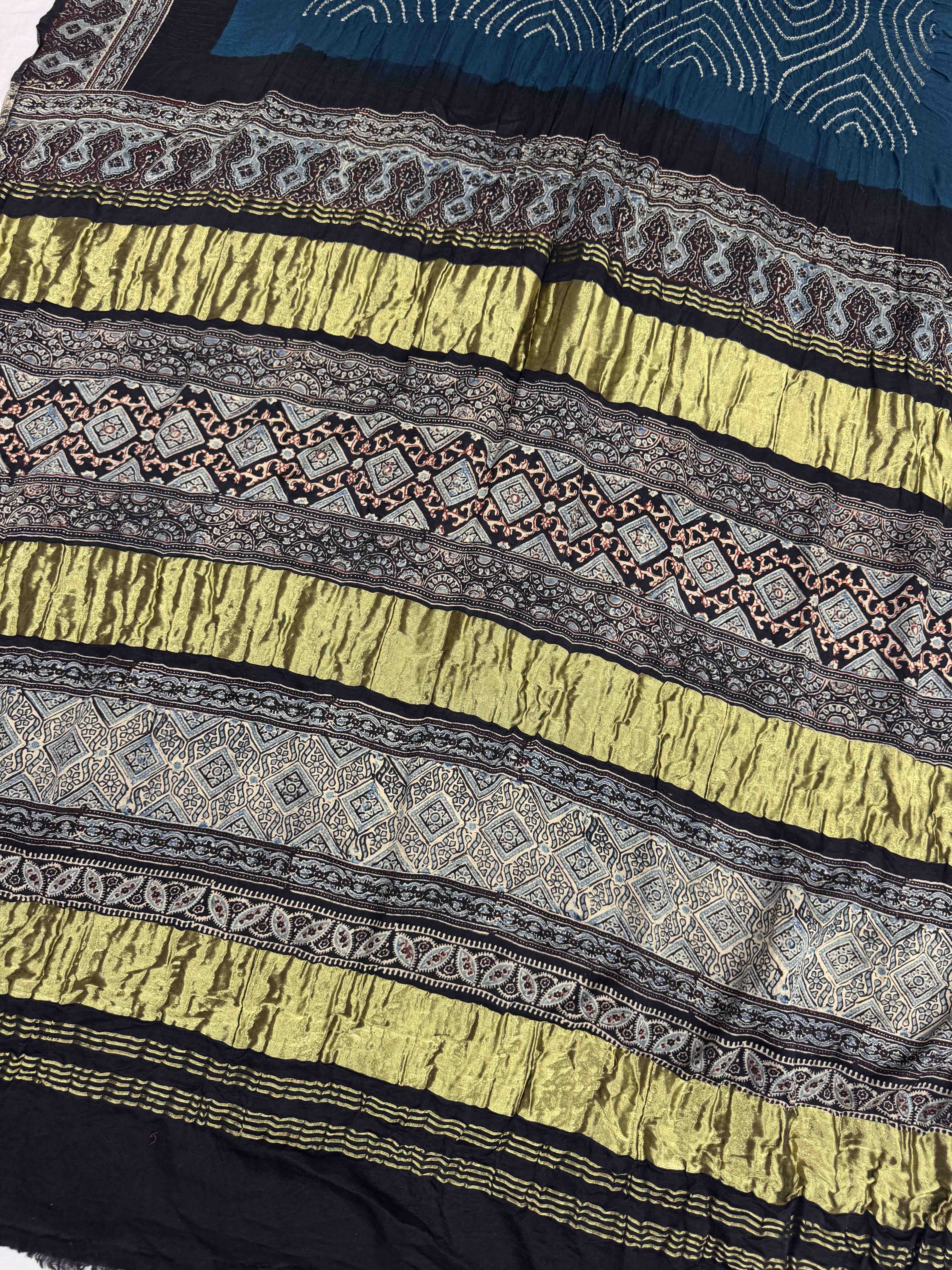 Black & Turquoise Blue Gajji Silk with Ajarakh Print Bandhani Saree