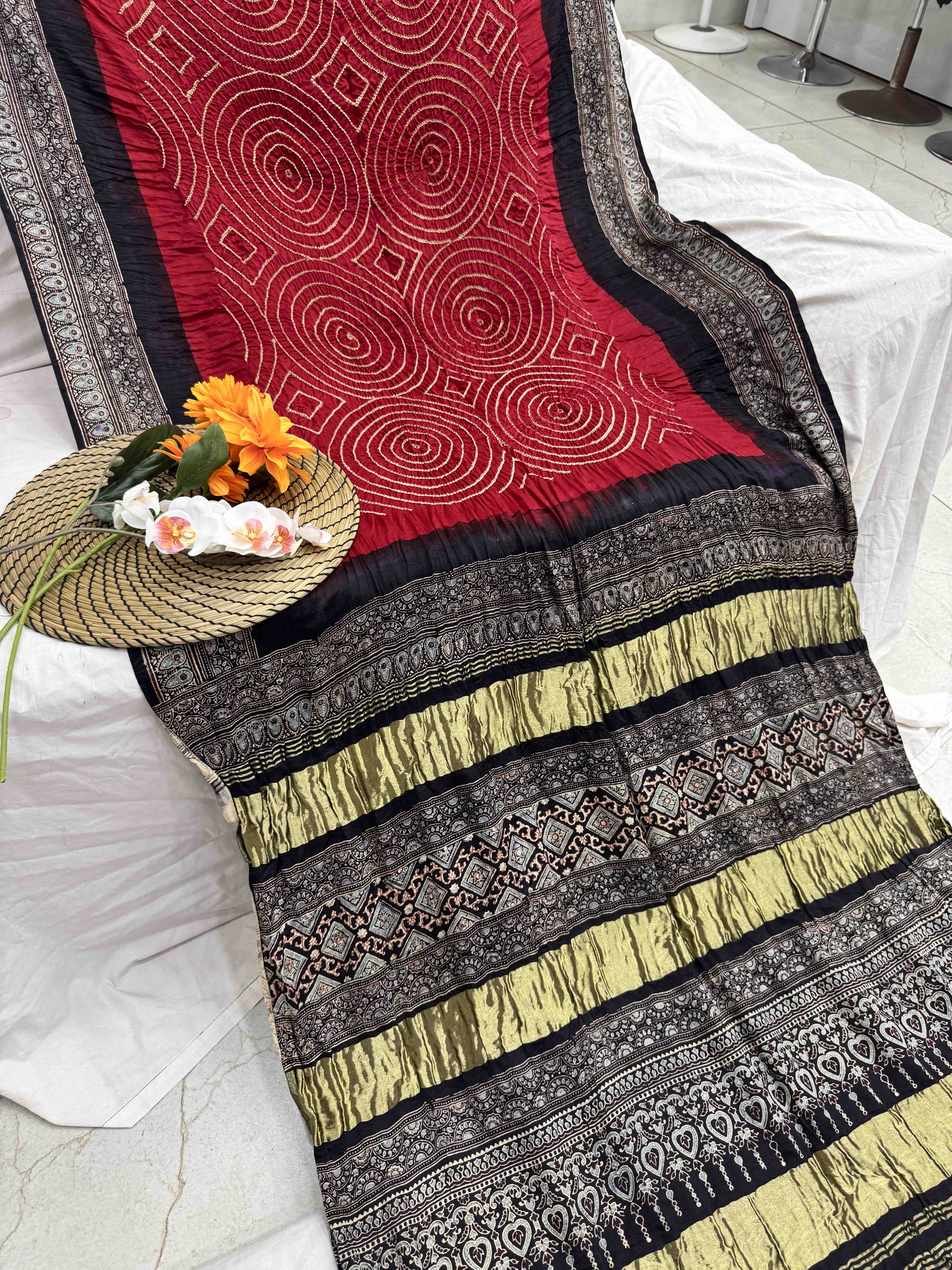 Black & Red Gajji Silk with Ajarakh Print Bandhani Saree