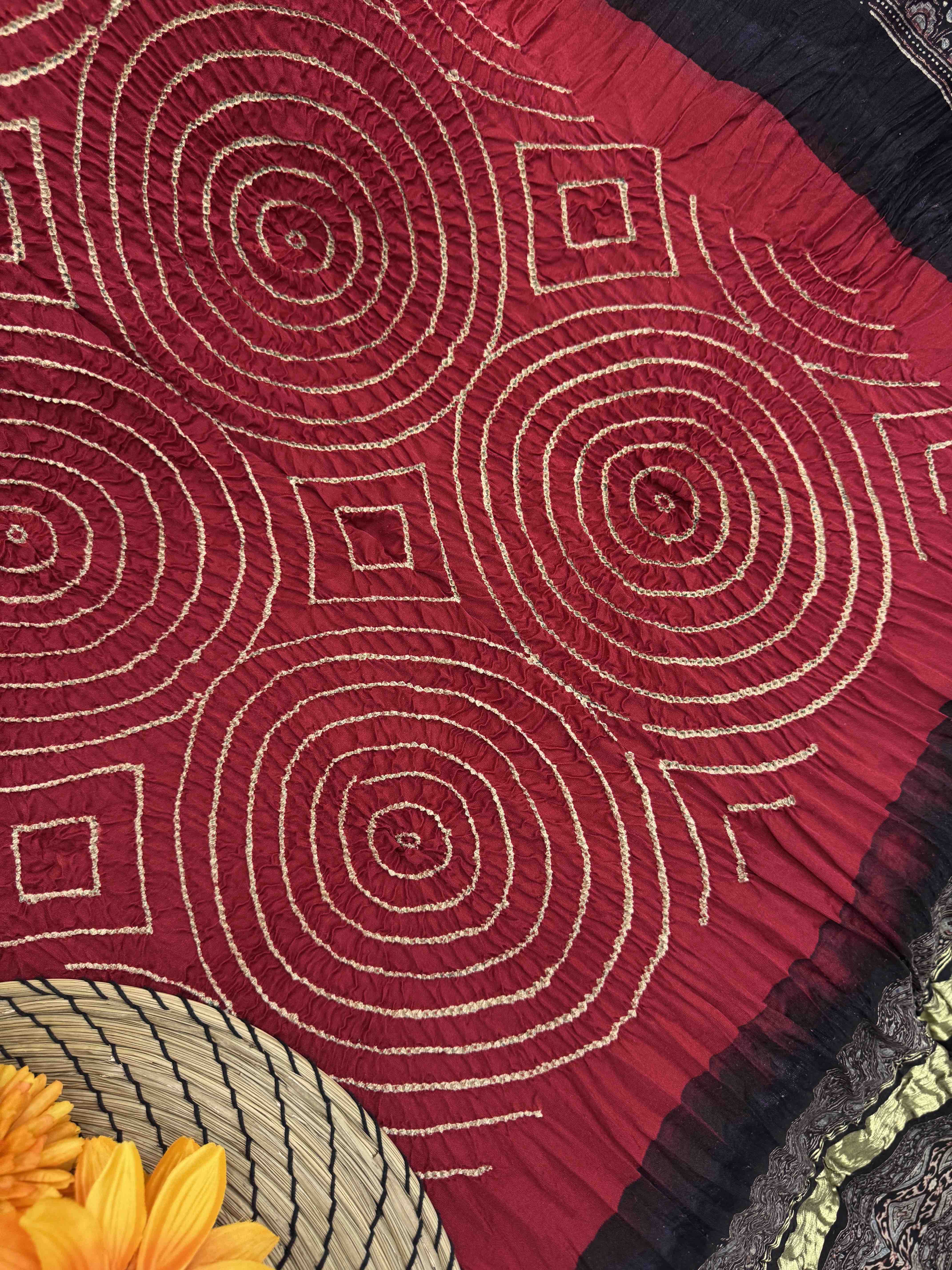 Black & Red Gajji Silk with Ajarakh Print Bandhani Saree