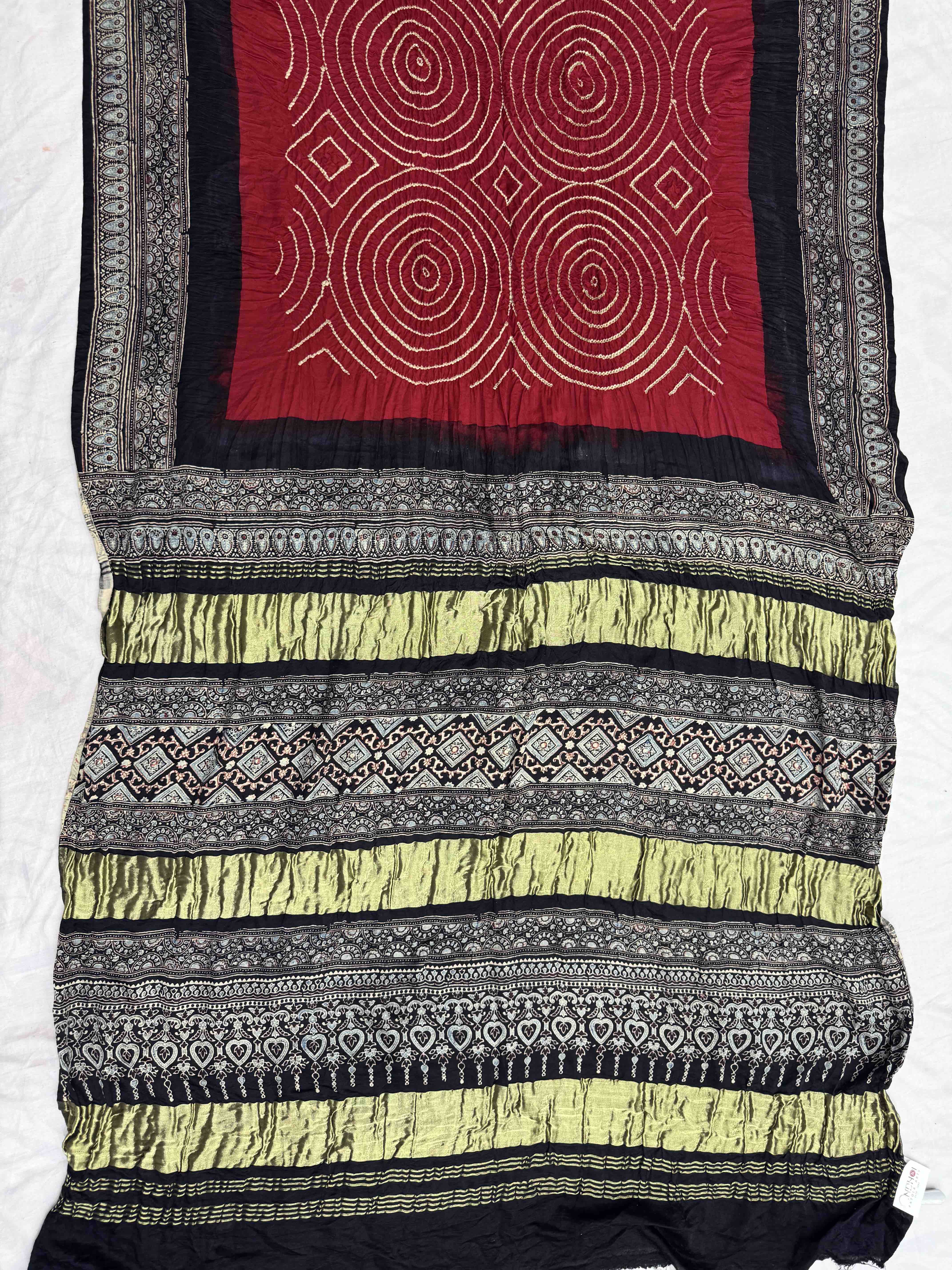Black & Red Gajji Silk with Ajarakh Print Bandhani Saree