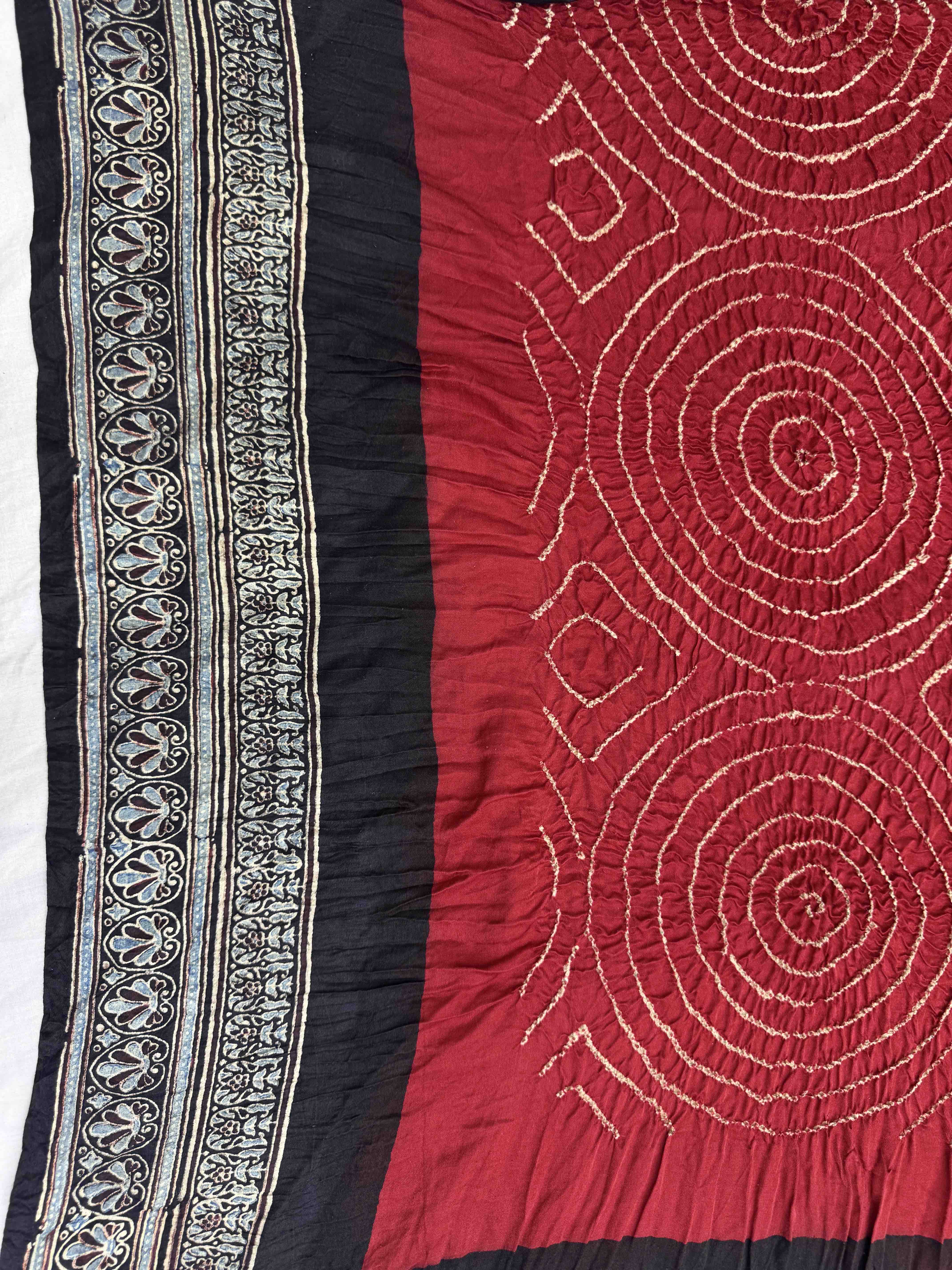 Black & Red Gajji Silk with Ajarakh Print Bandhani Saree