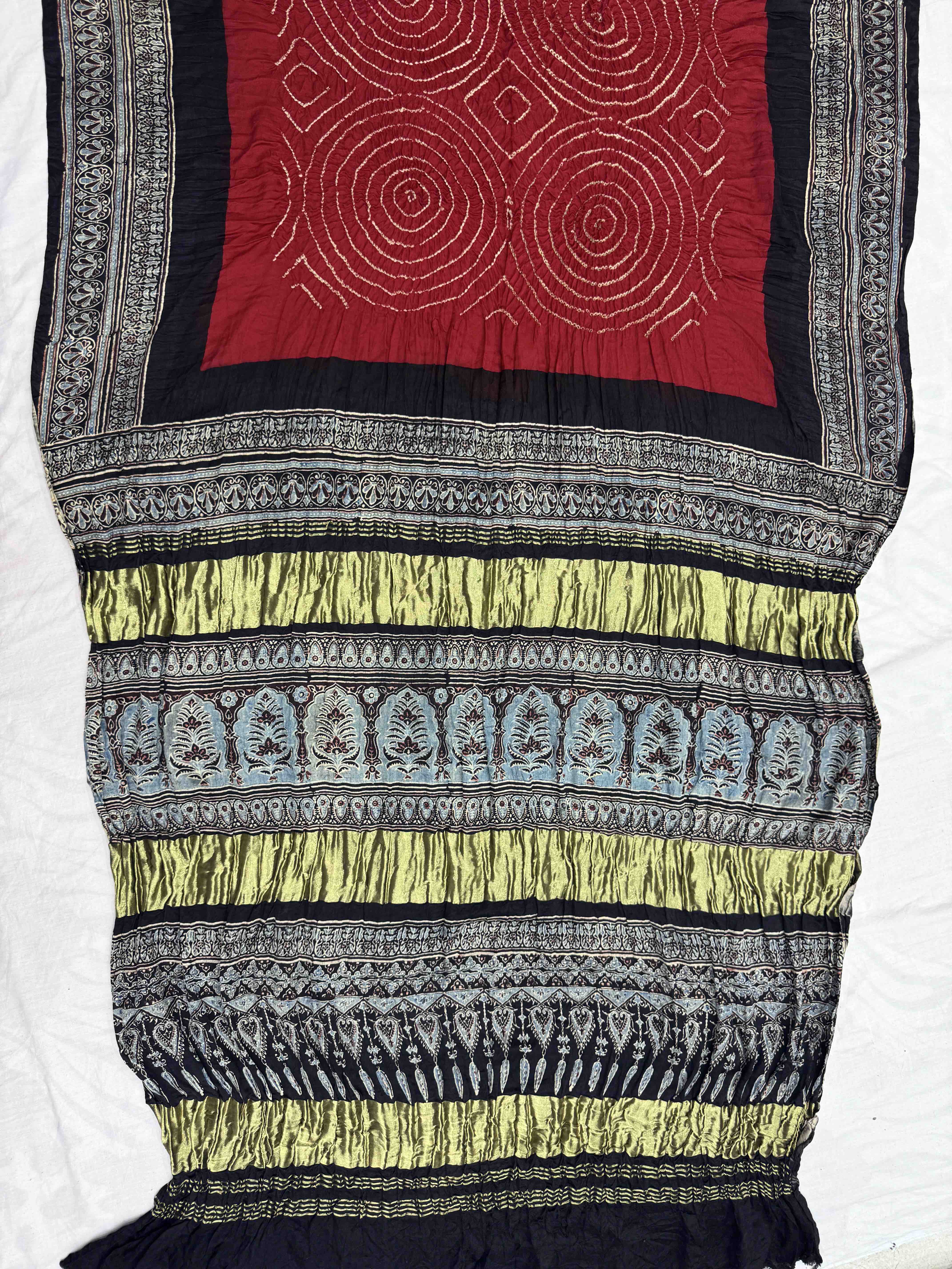 Black & Red Gajji Silk with Ajarakh Print Bandhani Saree