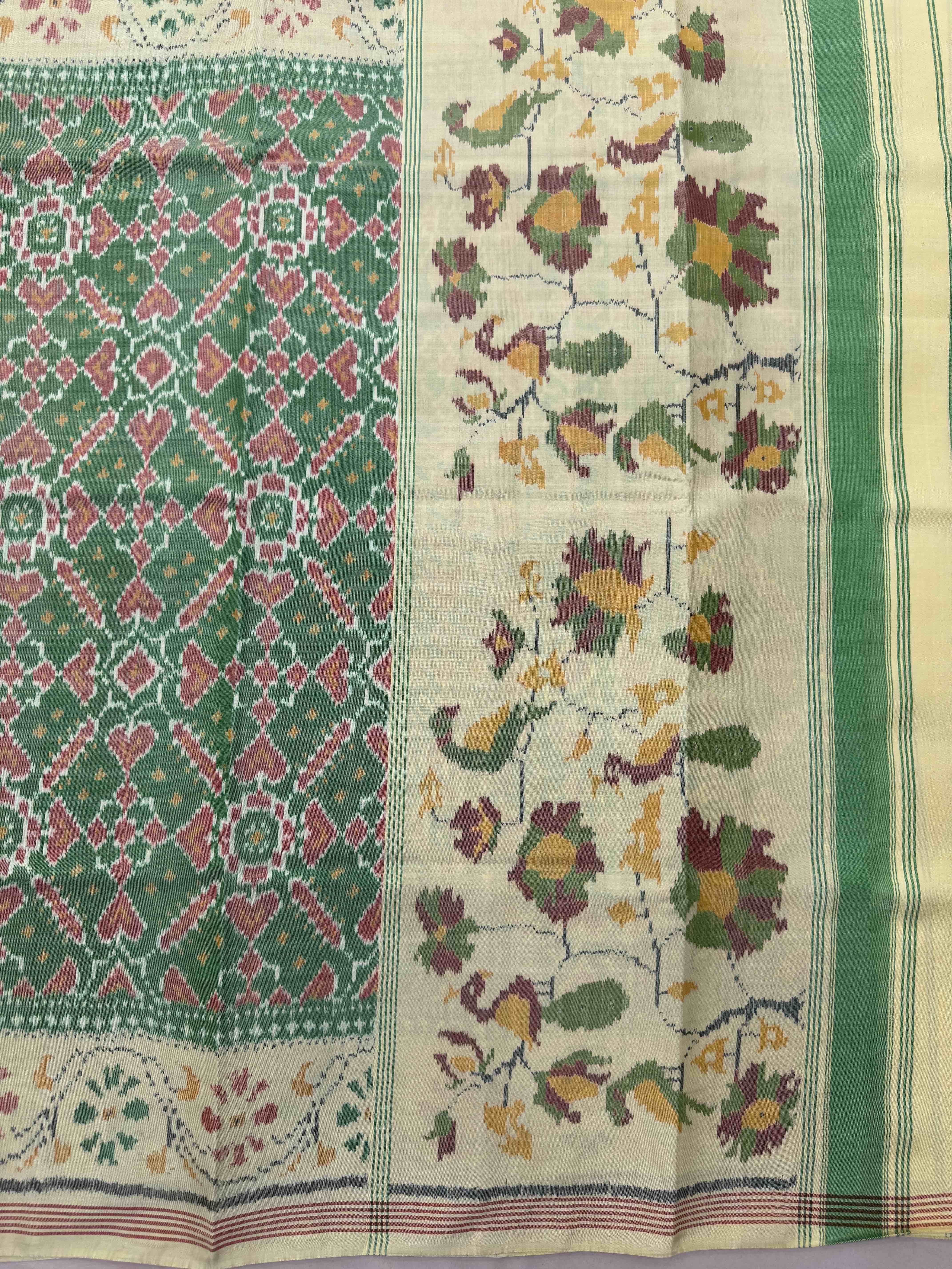 Off White & Light Green Manekchowk Single Ikat Patan Patola Saree