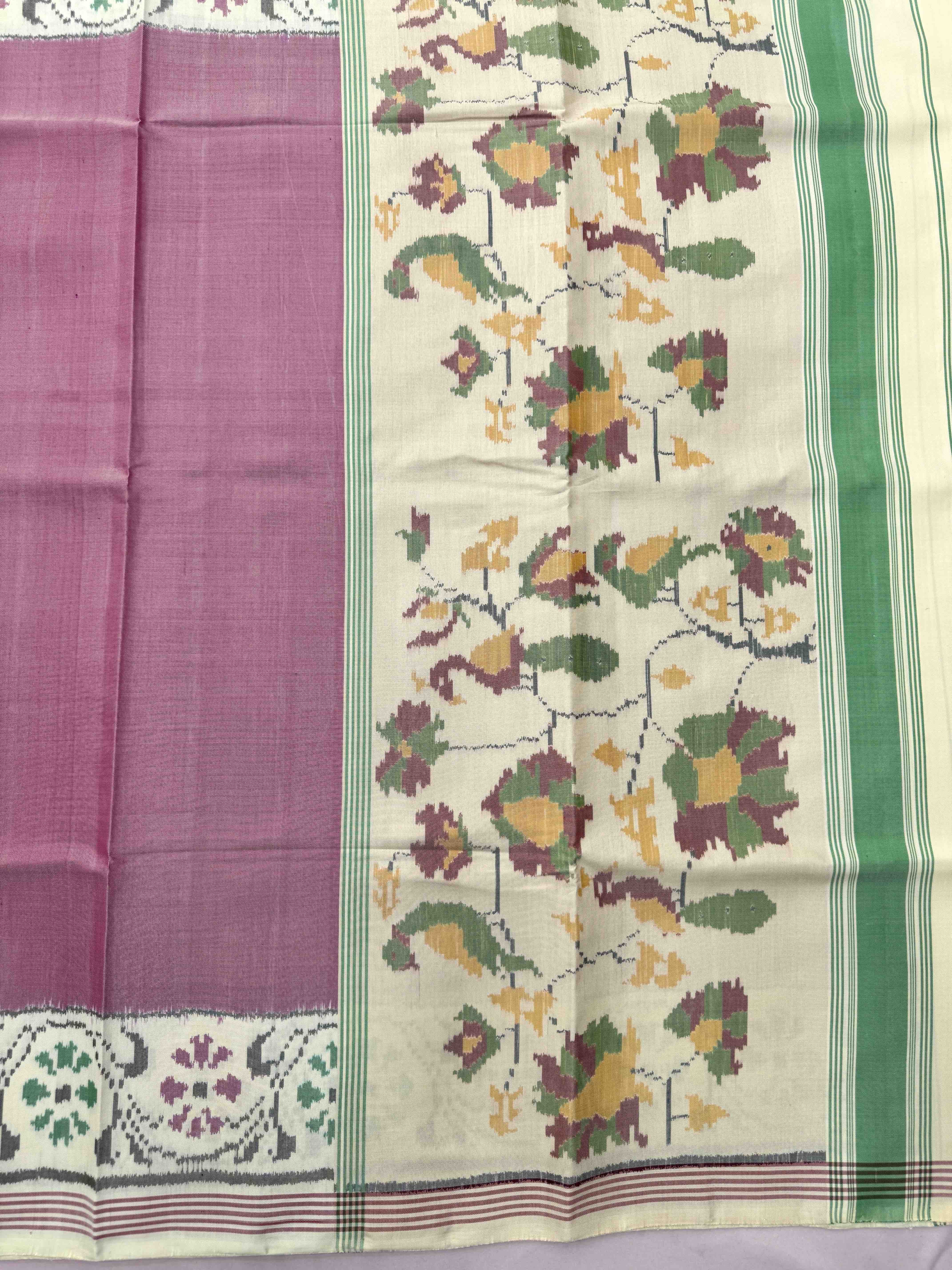 Off White & Light Pink Plain Single Ikat Patan Patola Saree
