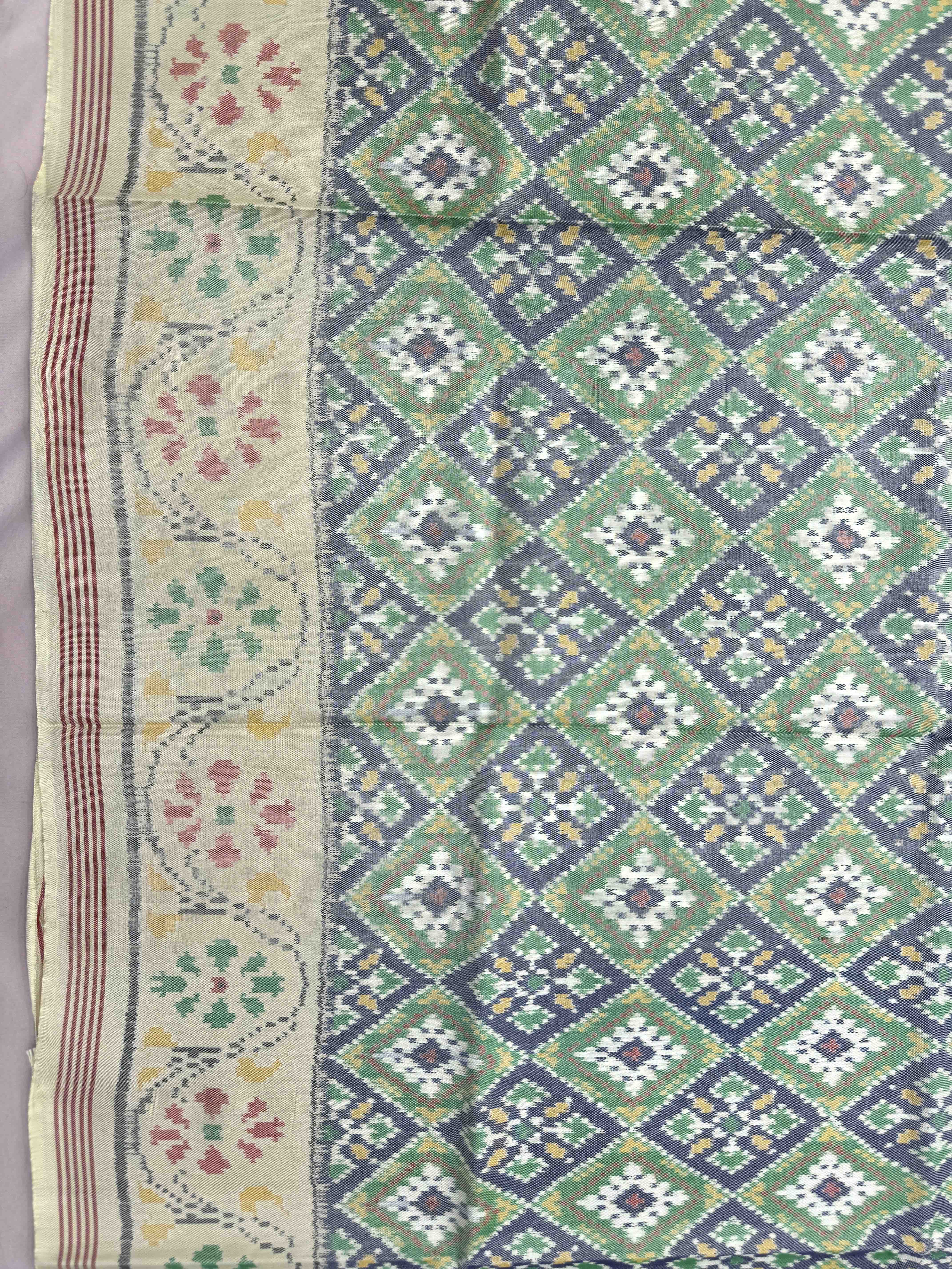 Off White & Blue with Green Panchanda Single Ikat Patan Patola Saree