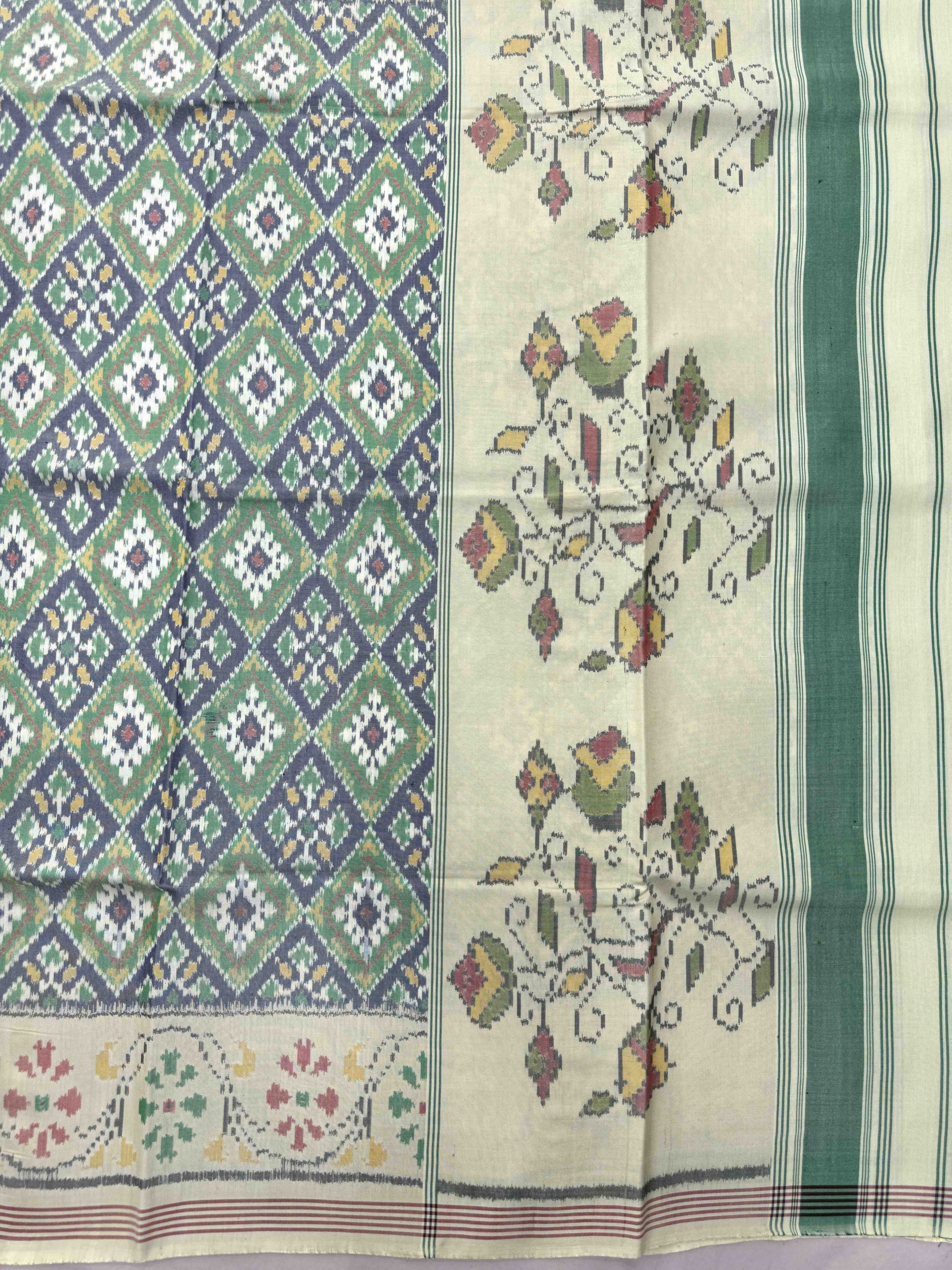 Off White & Blue with Green Panchanda Single Ikat Patan Patola Saree