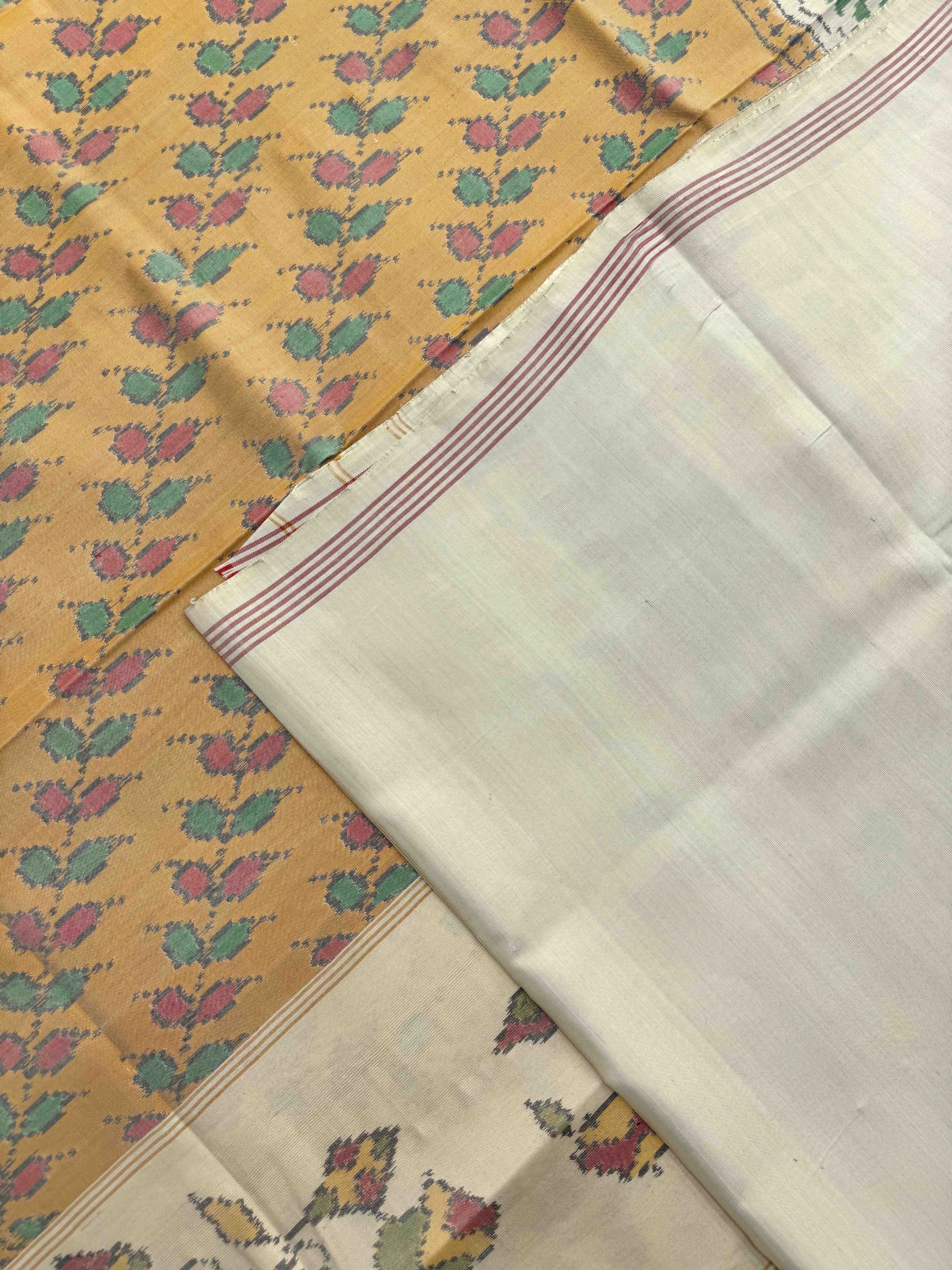 Off White & Mustard Yellow Leaves Leheriya Single Ikat Patan Patola Saree