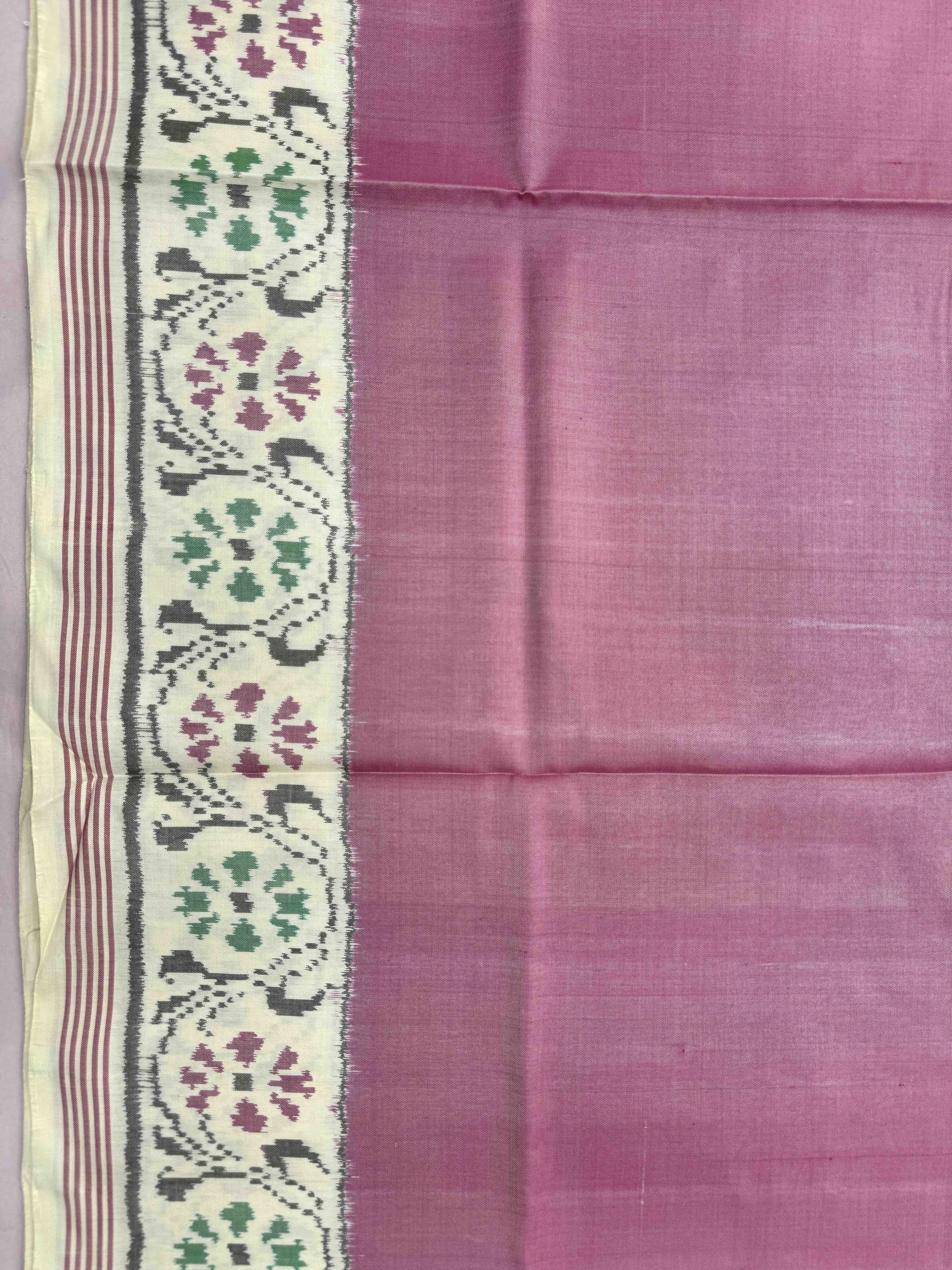Off White & Light Pink Plain Single Ikat Patan Patola Saree
