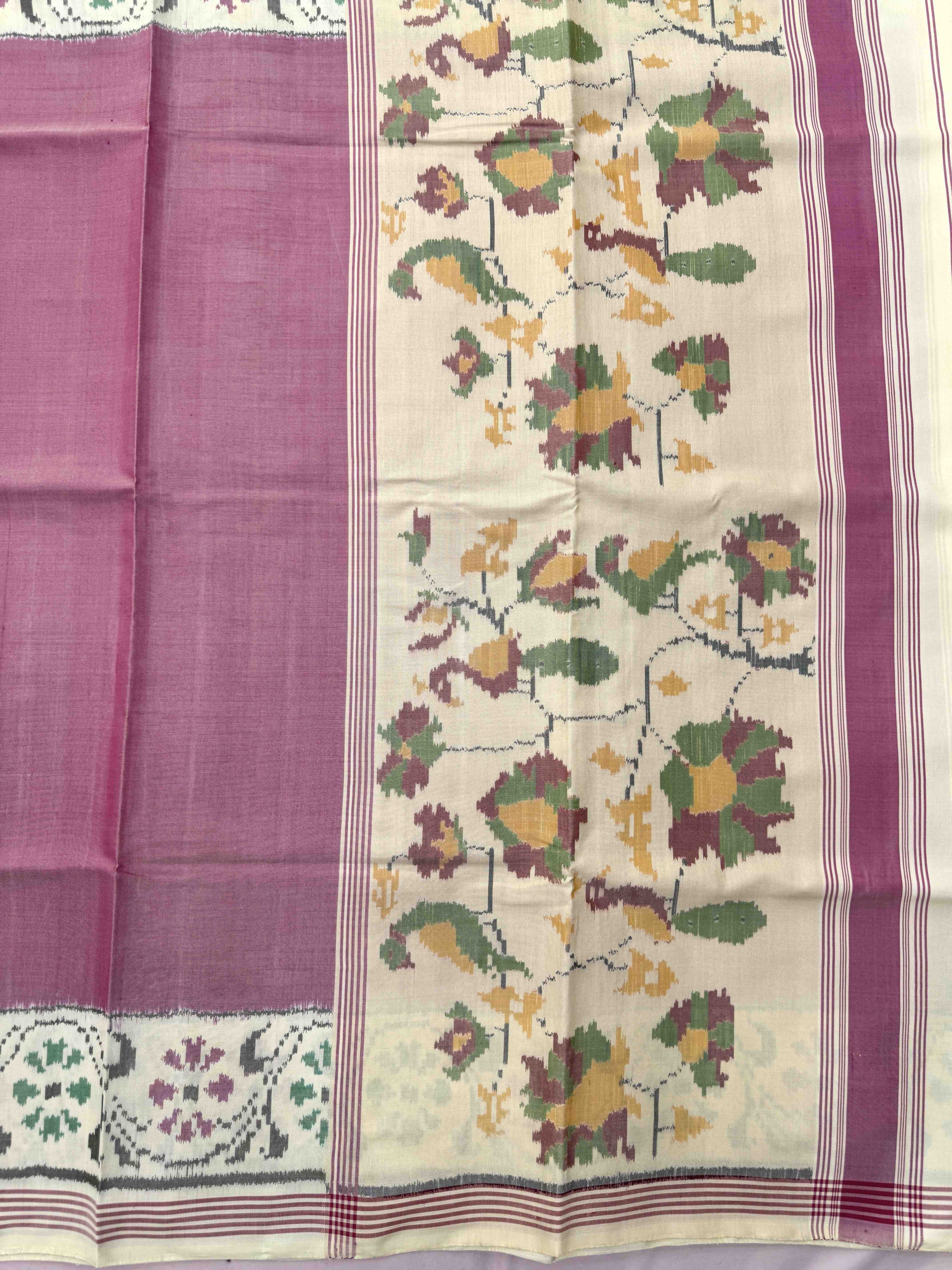 Off White & Light Pink Plain Single Ikat Patan Patola Saree