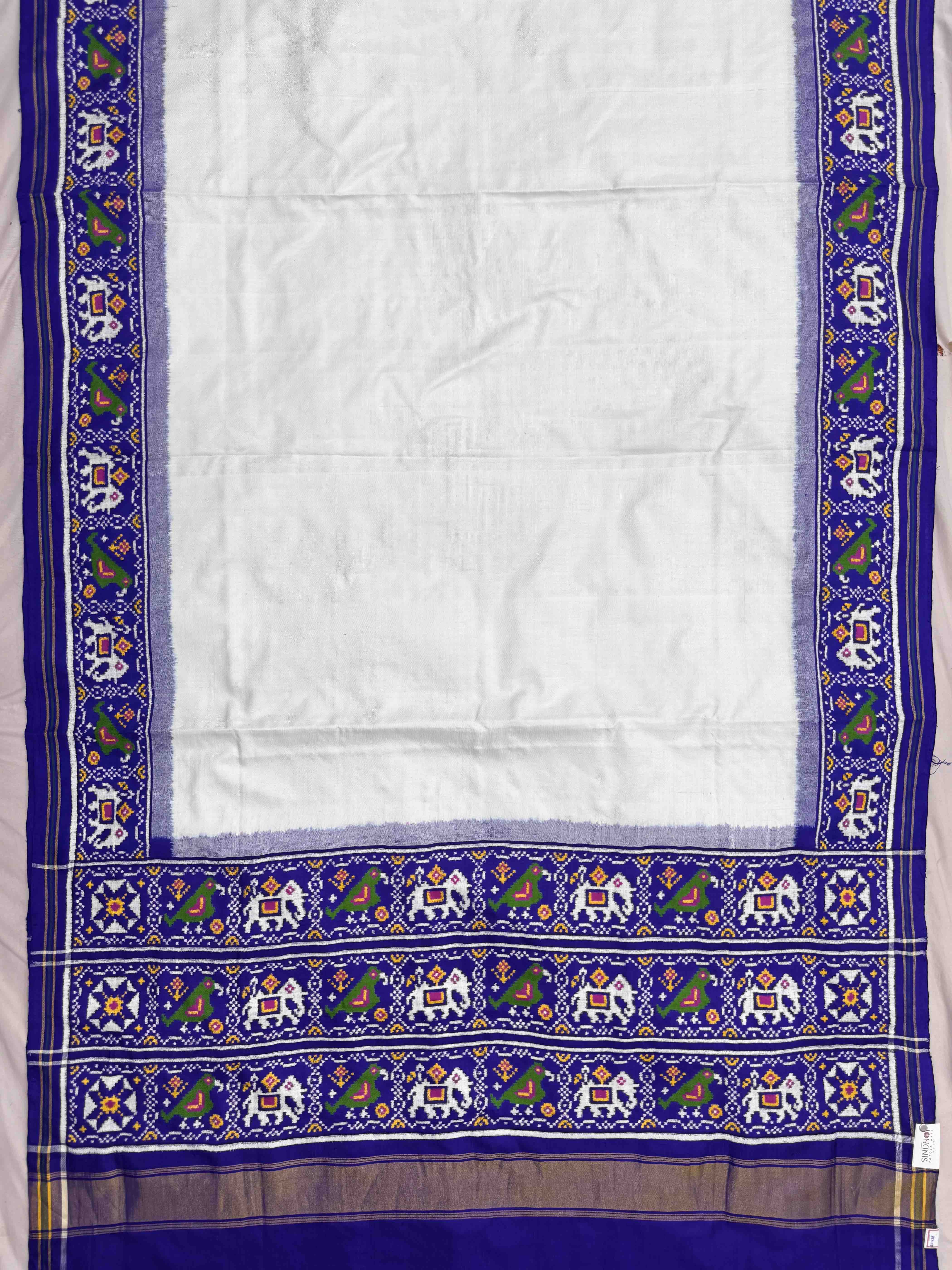 Blue & White Plain with Narikunj Border Pallu Double Ikat Patan Patola Saree