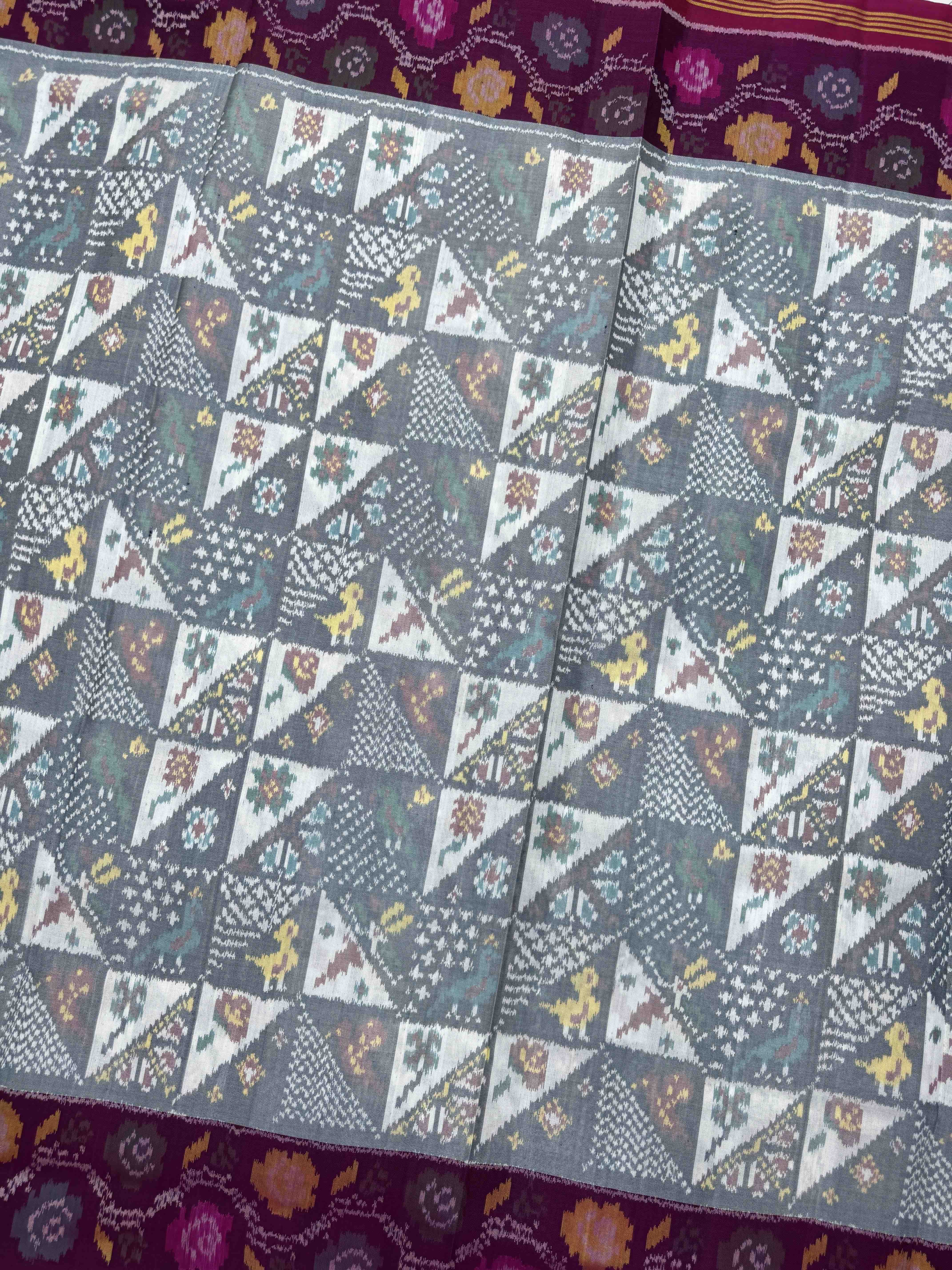 Pink & White Small Bird Flower Fancy Single Ikat Patan Patola Saree