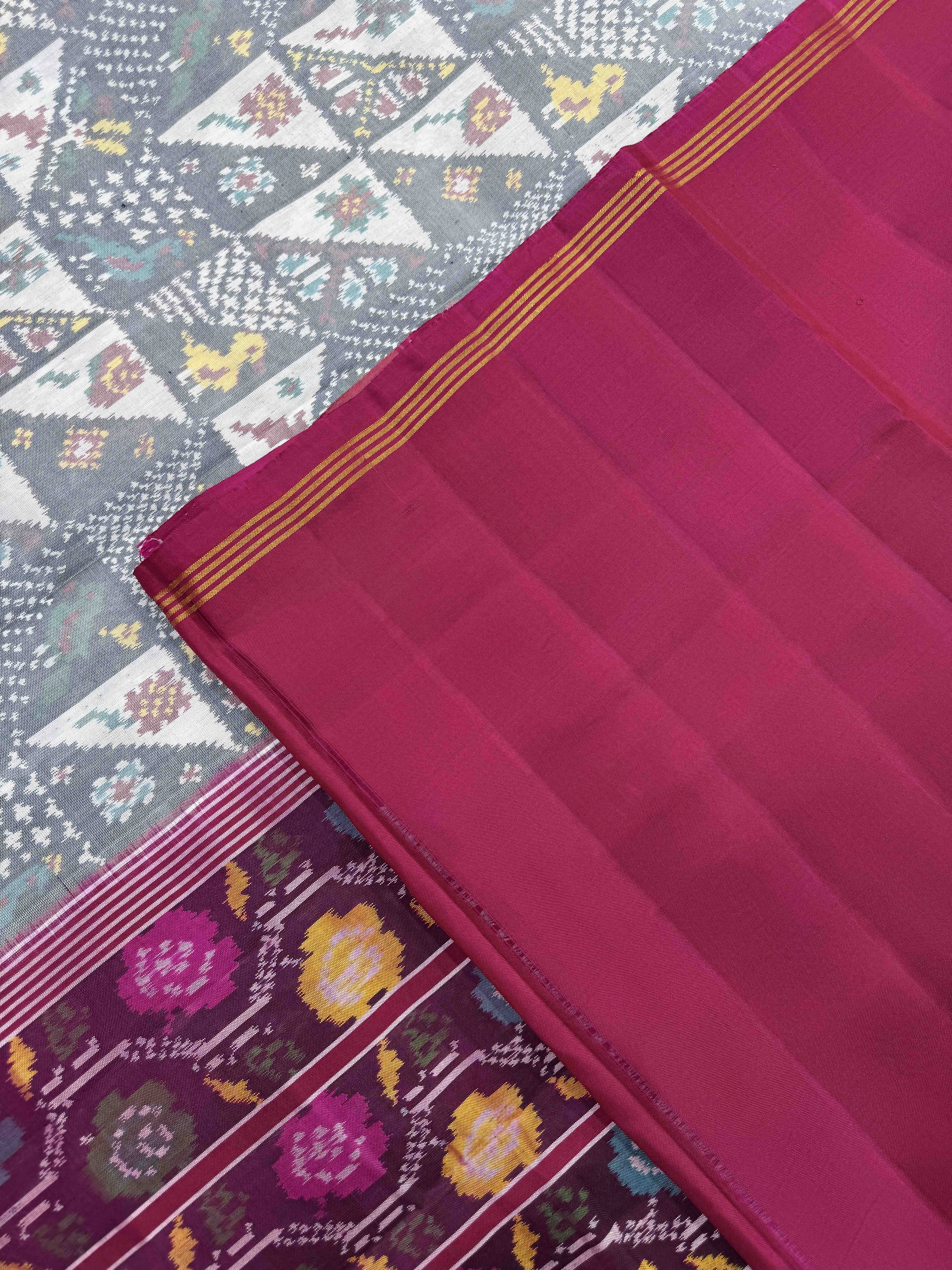 Pink & White Small Bird Flower Fancy Single Ikat Patan Patola Saree