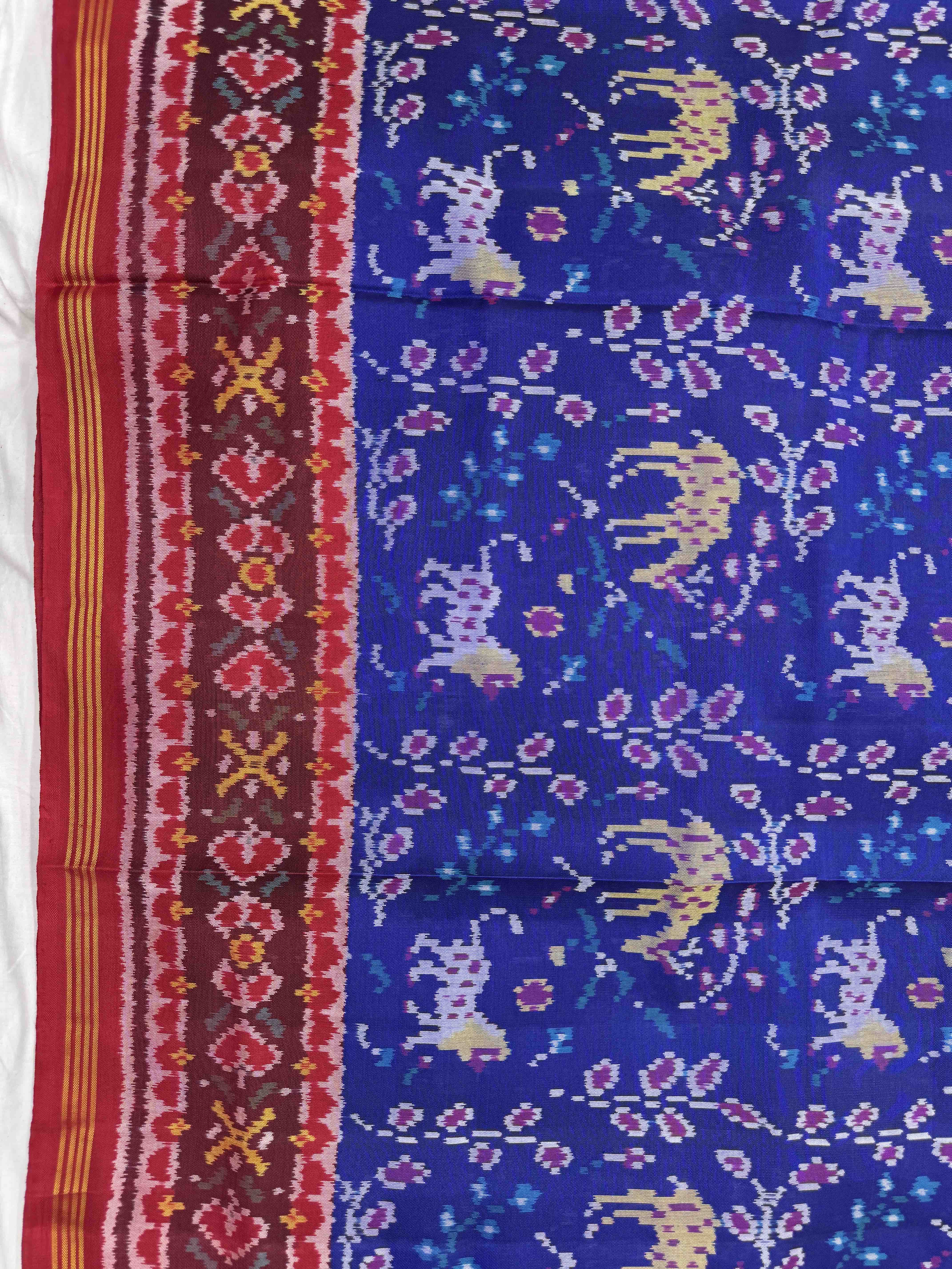 Red & Blue Lion Deer Leaves Single Ikat Patan Patola Saree